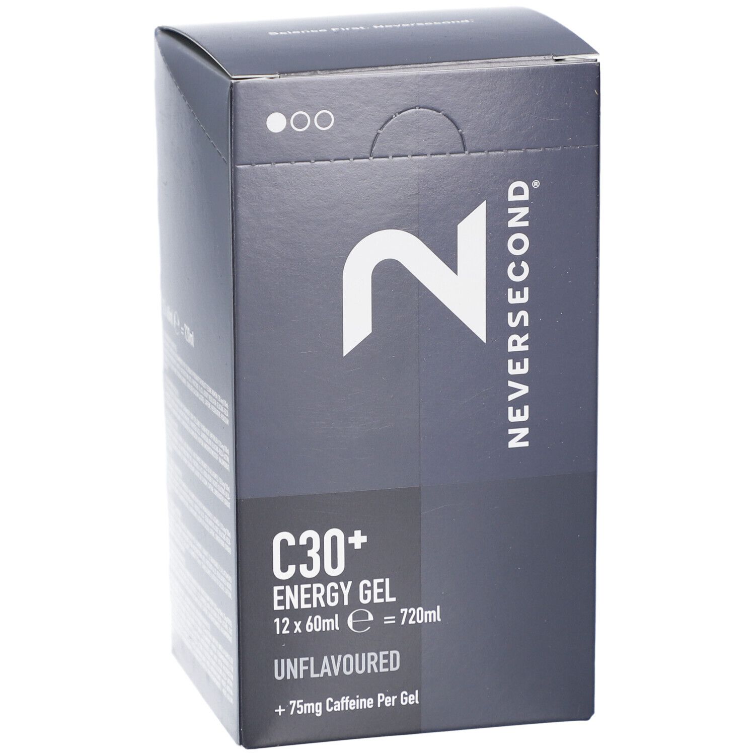 Schwarzer Karton mit weißem Logo NEVERSECOND und Produktinformationen. Enthält C30+ Energy Gel, 12x60ml, unflavored, +75mg Koffein.