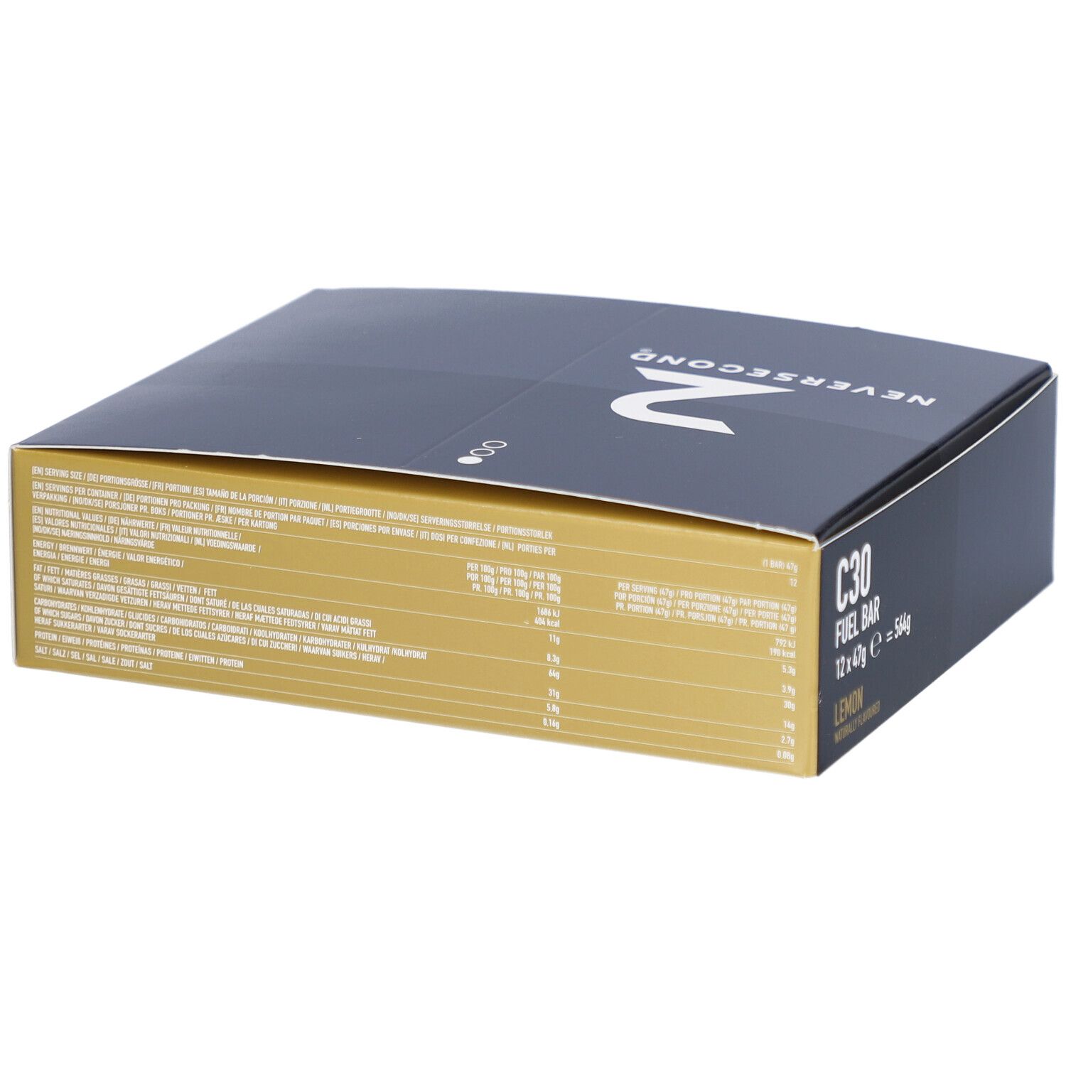 Dunkelblaue Schachtel mit "Neversecond"-Logo und Text. Goldfarbene Seite mit Text. Enthält 12 Riegel.