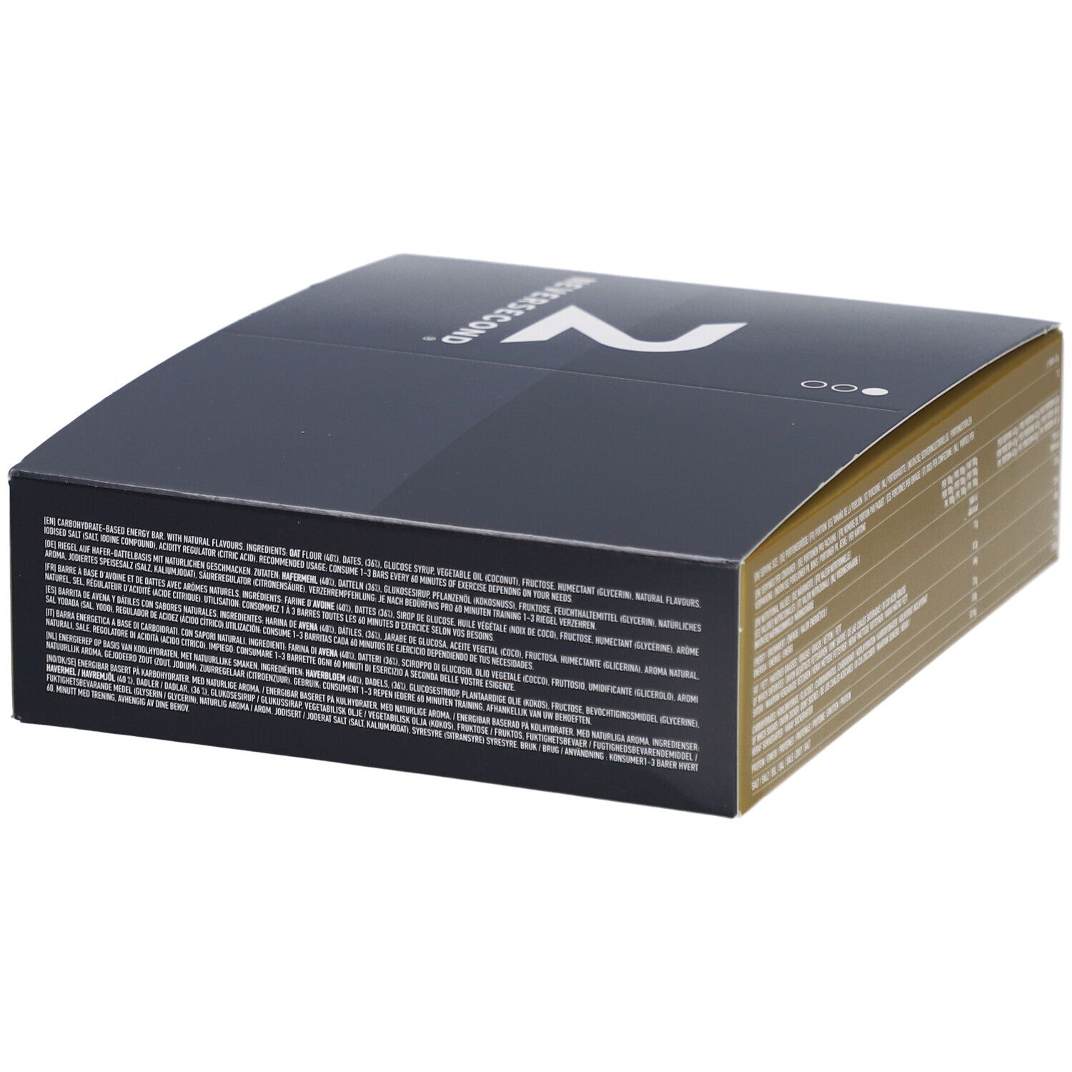 Dunkelblaue Schachtel mit "Neversecond"-Logo und Text. Goldfarbene Seite mit Text. Enthält 12 Riegel.