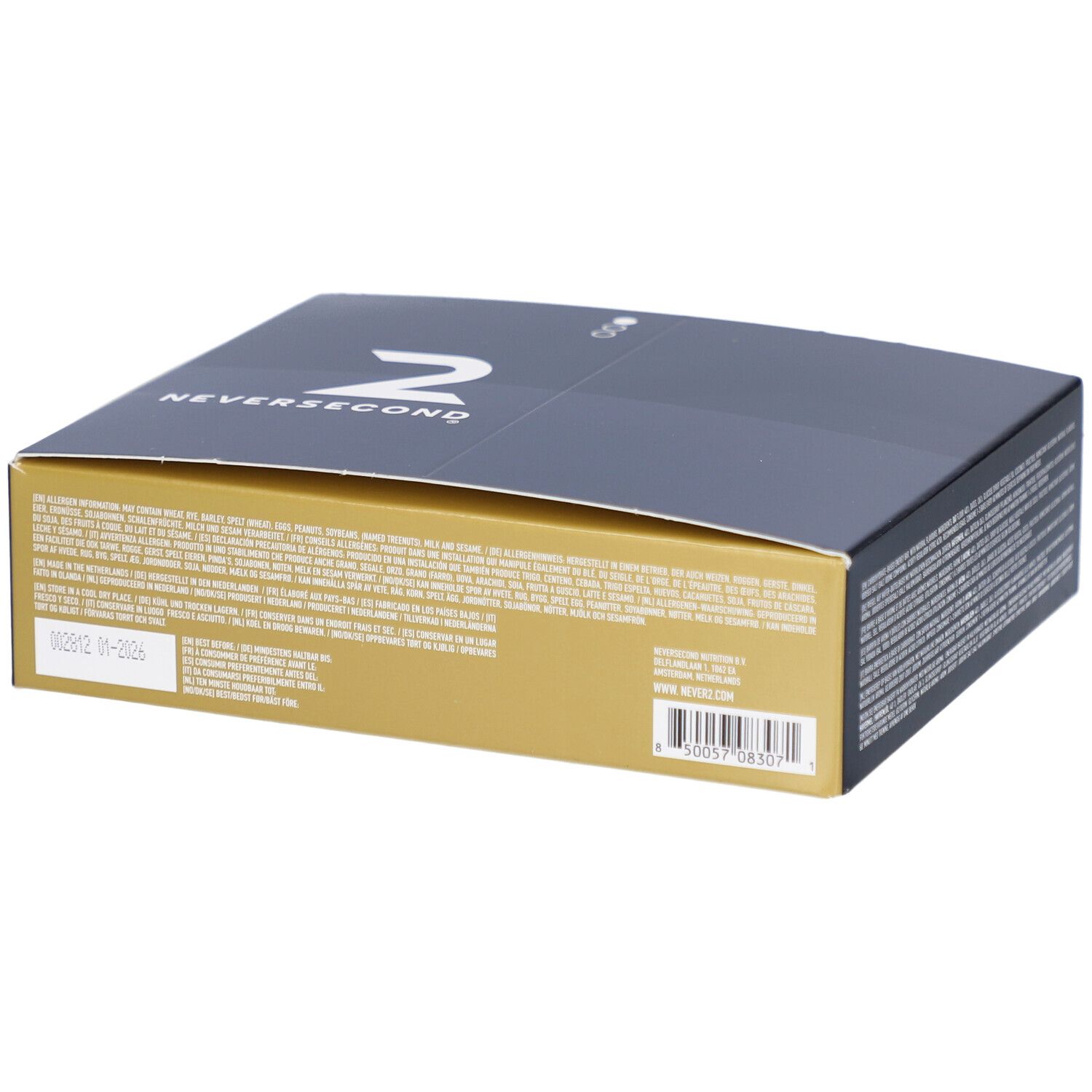 Dunkelblaue Schachtel mit "Neversecond"-Logo und Text. Goldfarbene Seite mit Text und Barcode. Enthält 12 Riegel.
