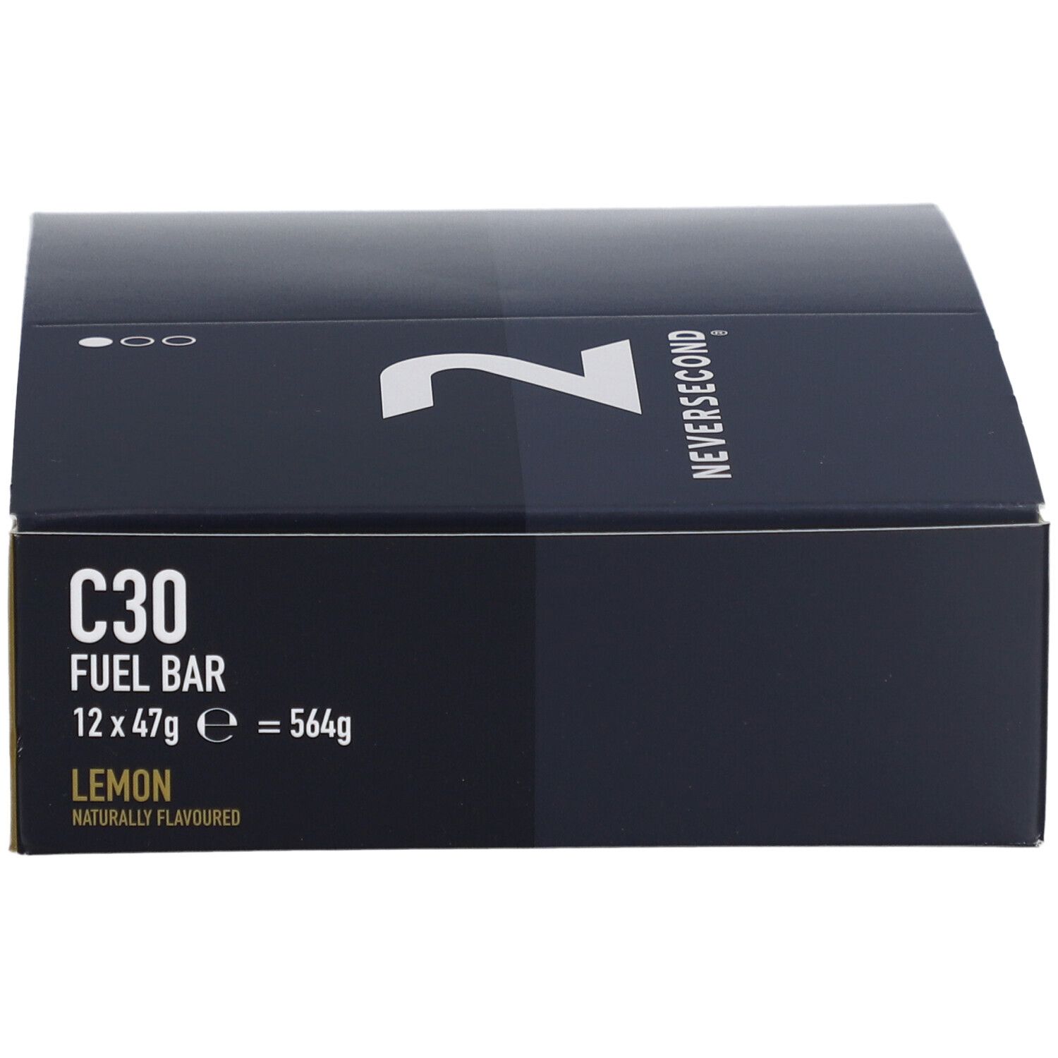 Dunkelblaue Schachtel mit "Neversecond"-Logo und "C30 Fuel Bar". Enthält 12 Riegel à 47g, Zitrone.