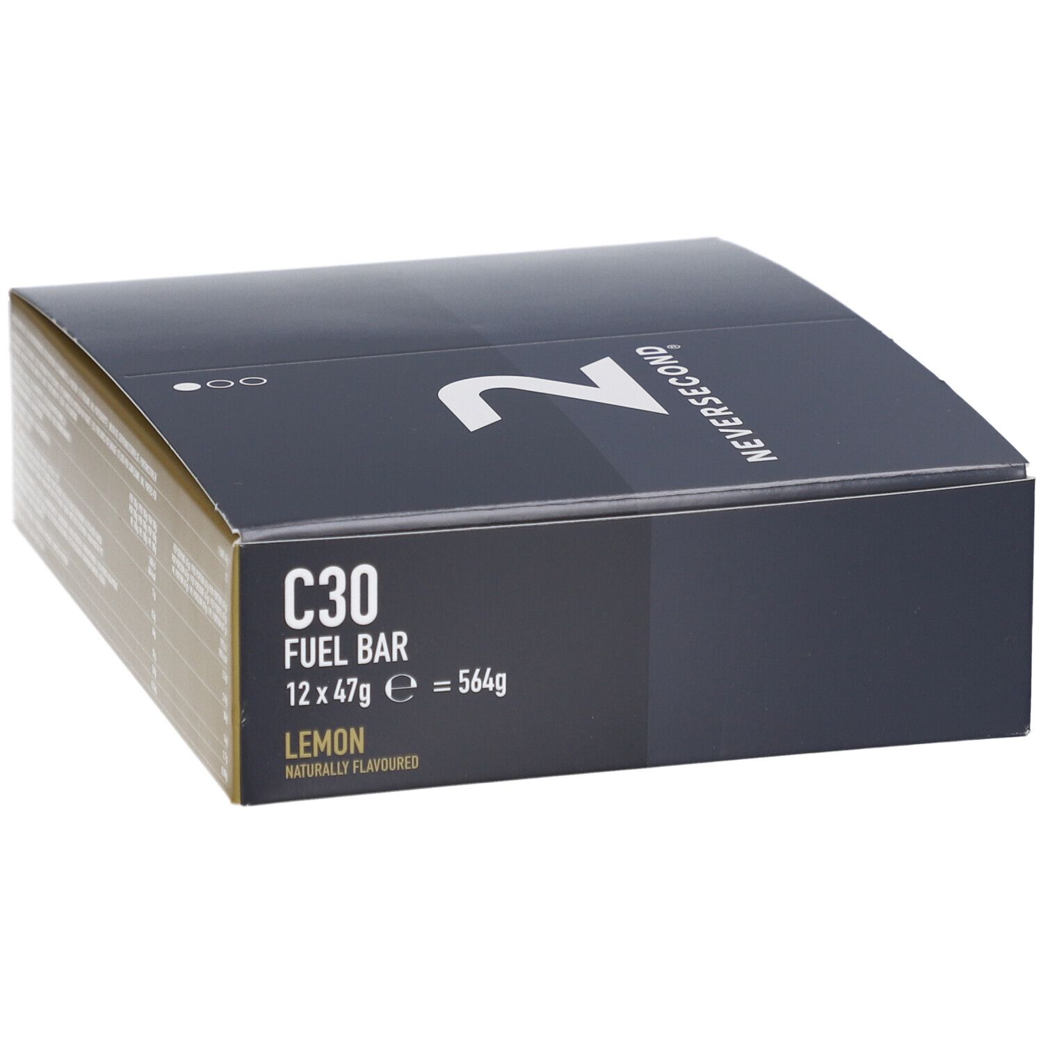 Dunkelblaue Schachtel mit "Neversecond"-Logo und "C30 Fuel Bar". Enthält 12 Riegel à 47g, Zitrone.
