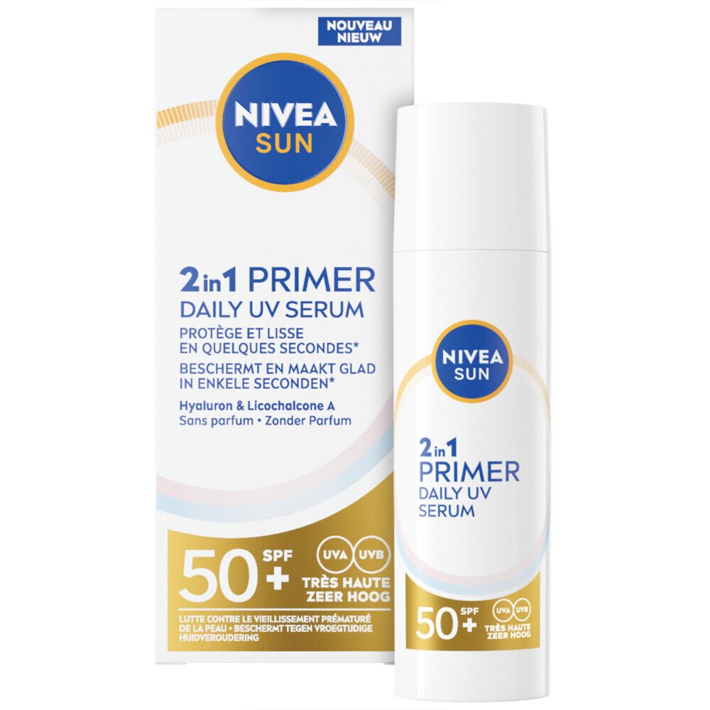 NIVEA Sun 2 en 1 Primer Daily UV Sérum SPF50+ et emballage. Blanc, bleu, jaune et rose.