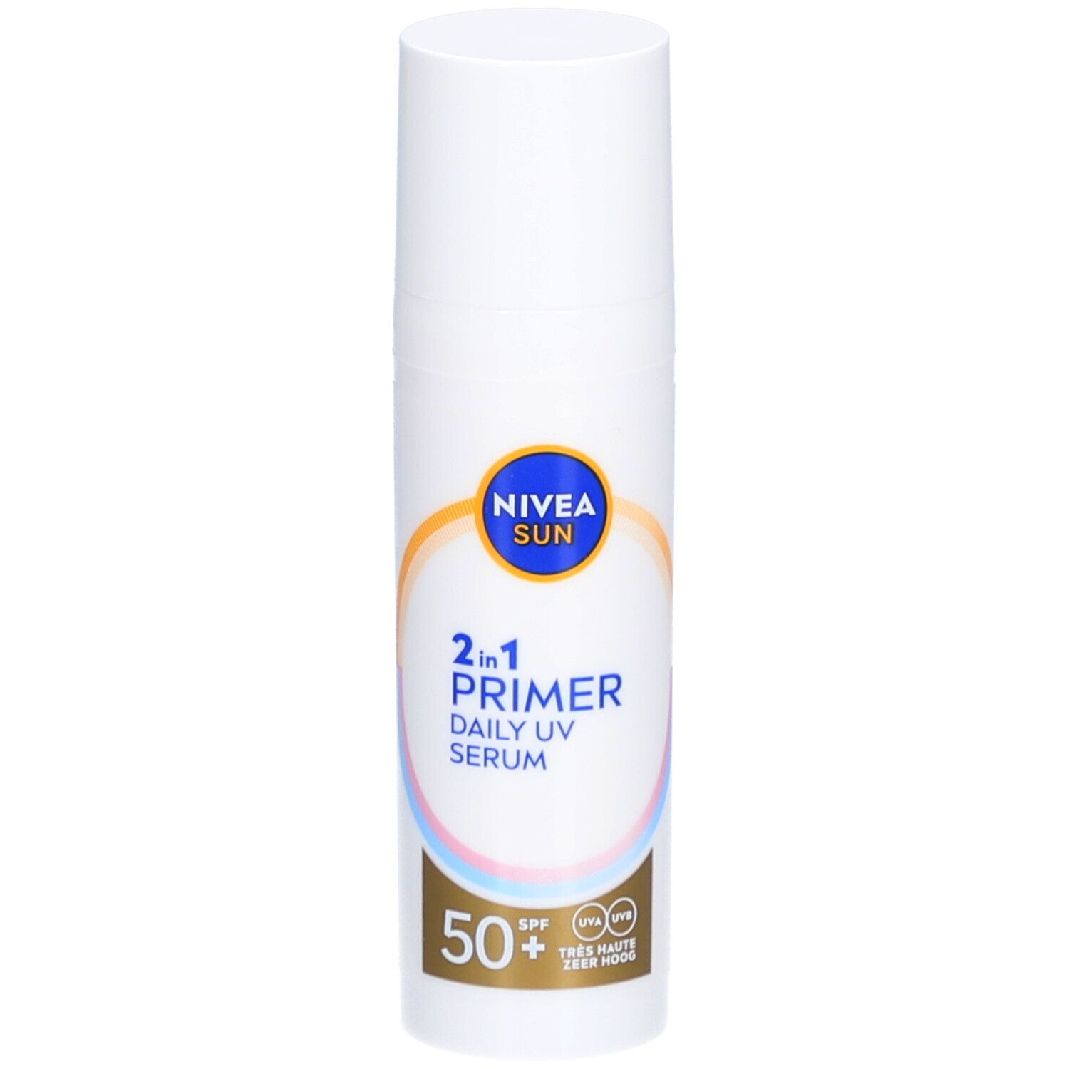 Weiße Flasche mit NIVEA Sun 2 in 1 Primer Daily UV Serum SPF50+. Blaue, gelbe und rosa Elemente.