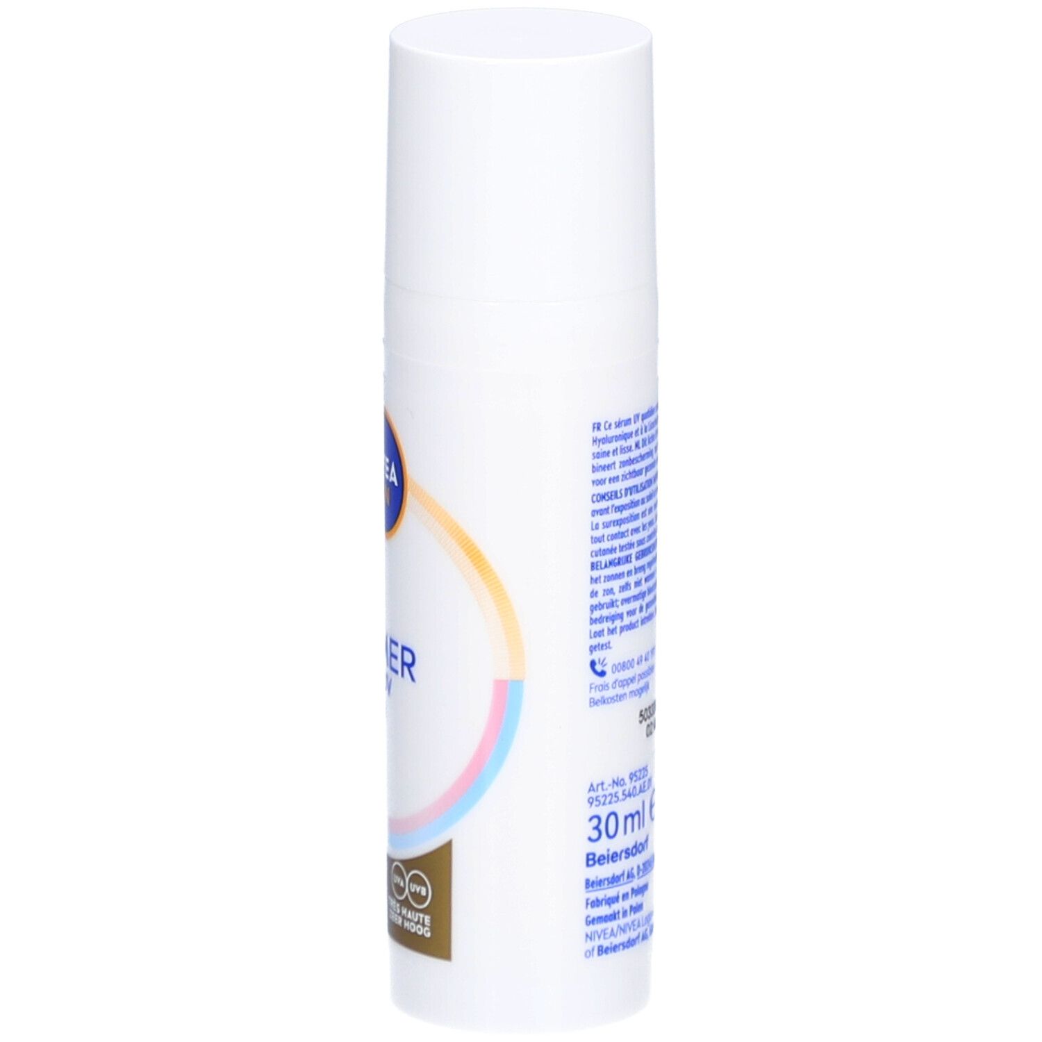 Weiße Flasche mit Text. NIVEA Sun 2 in 1 Primer Daily UV Serum SPF50+. Detailansicht.