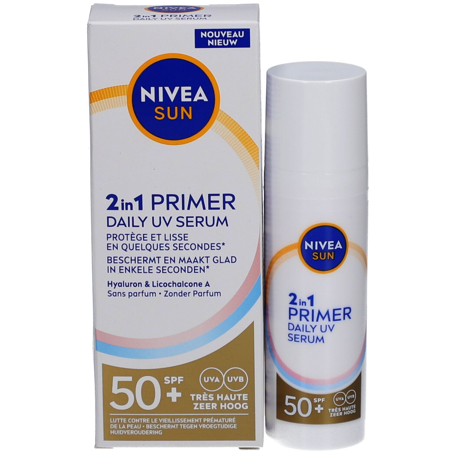 NIVEA Sun 2 in 1 Primer Daily UV Serum SPF50+ und Verpackung. Weiß, blau, gelb und rosa.