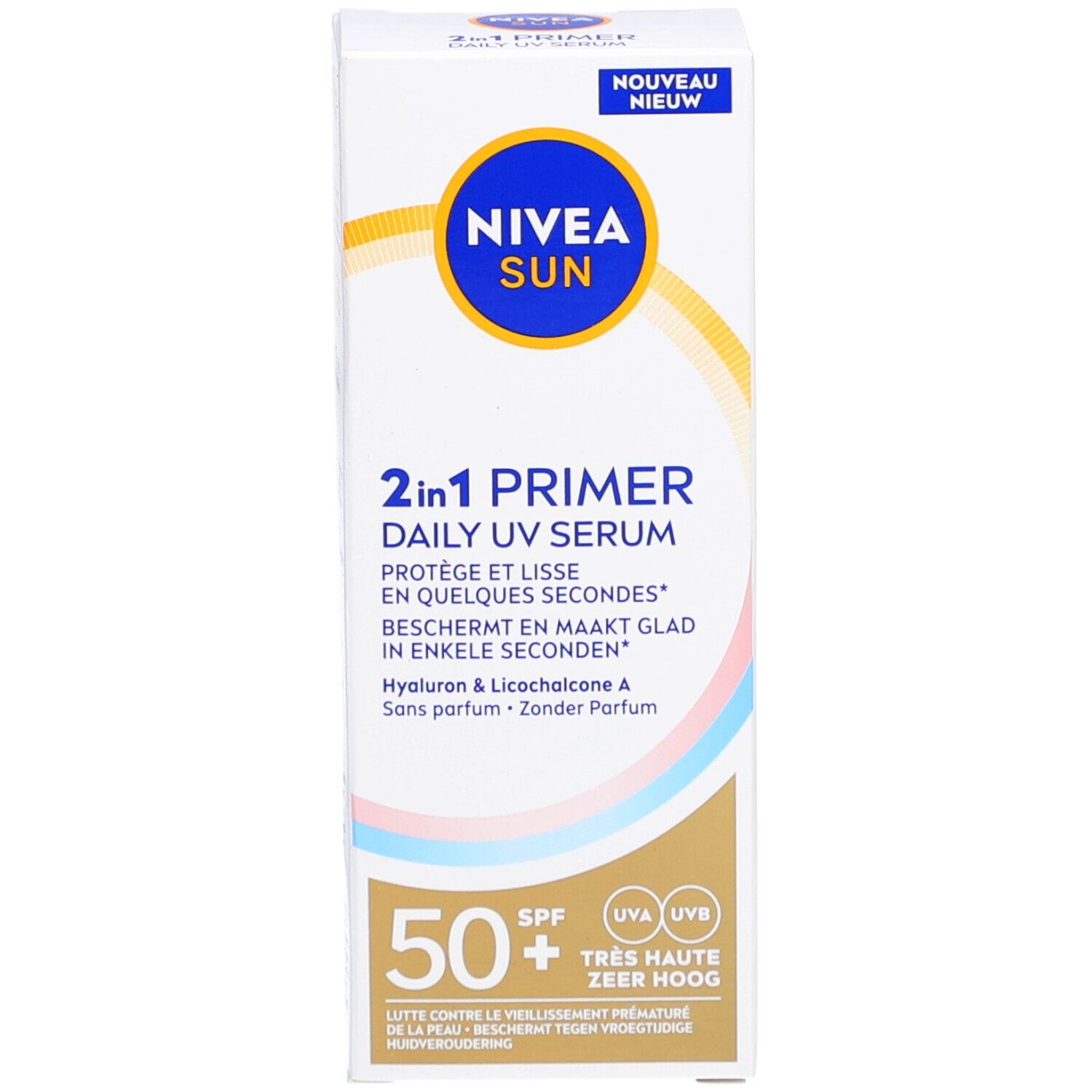 Verpackung von NIVEA Sun 2 in 1 Primer Daily UV Serum SPF50+. Weiß, blau, gelb und rosa.