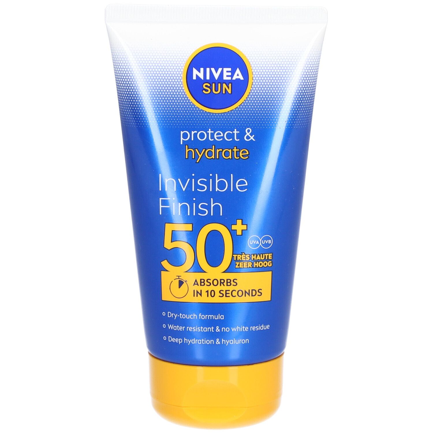 Sonnencreme-Tube mit blauem und gelbem Design. Text: NIVEA SUN, protect & hydrate, Invisible Finish, 50+. Absorbiert in 10 Sekunden.