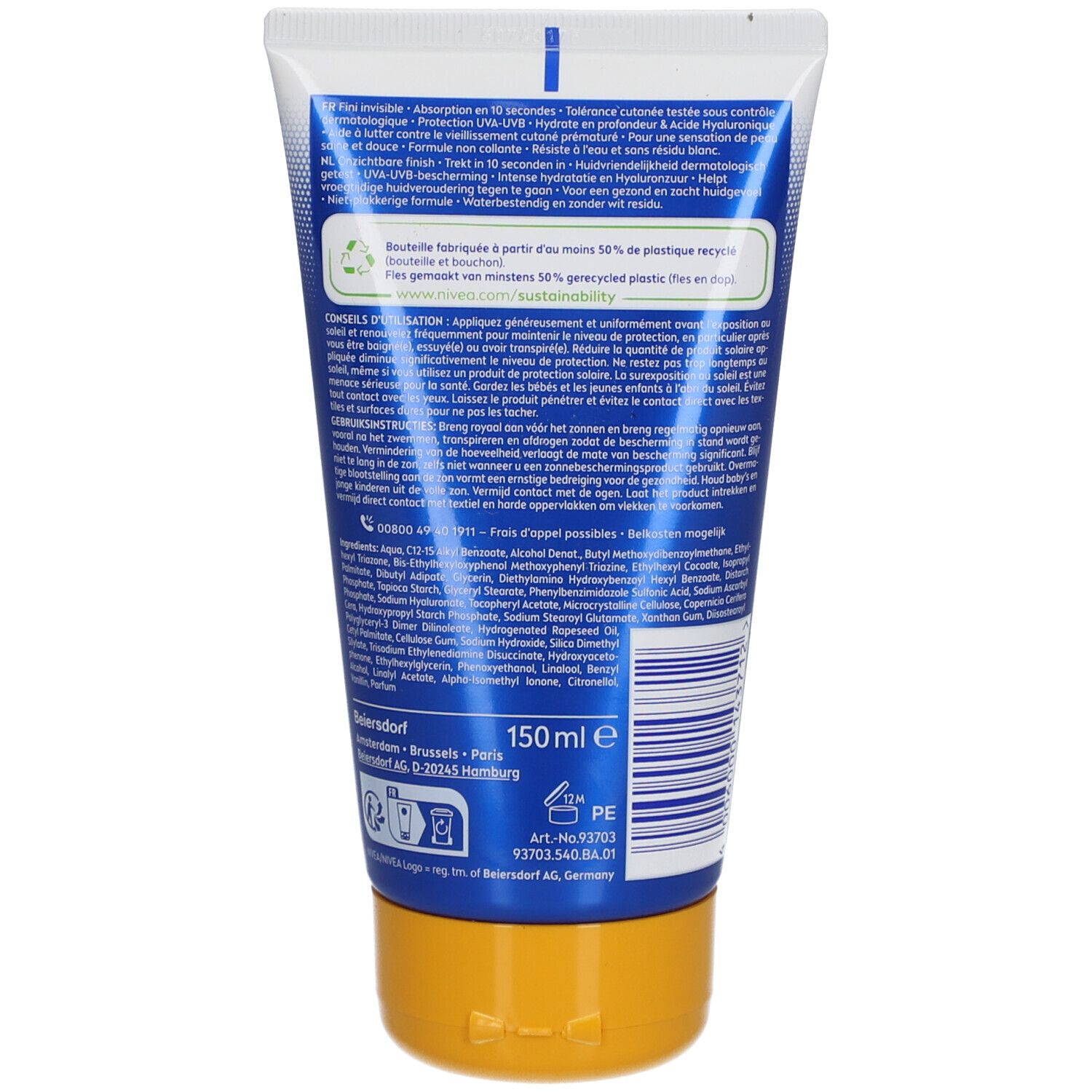 Rückseite einer Sonnencreme-Tube. Text: NIVEA, Informationen zur Nachhaltigkeit, Inhaltsstoffe, 150 ml. Gelber Verschluss.