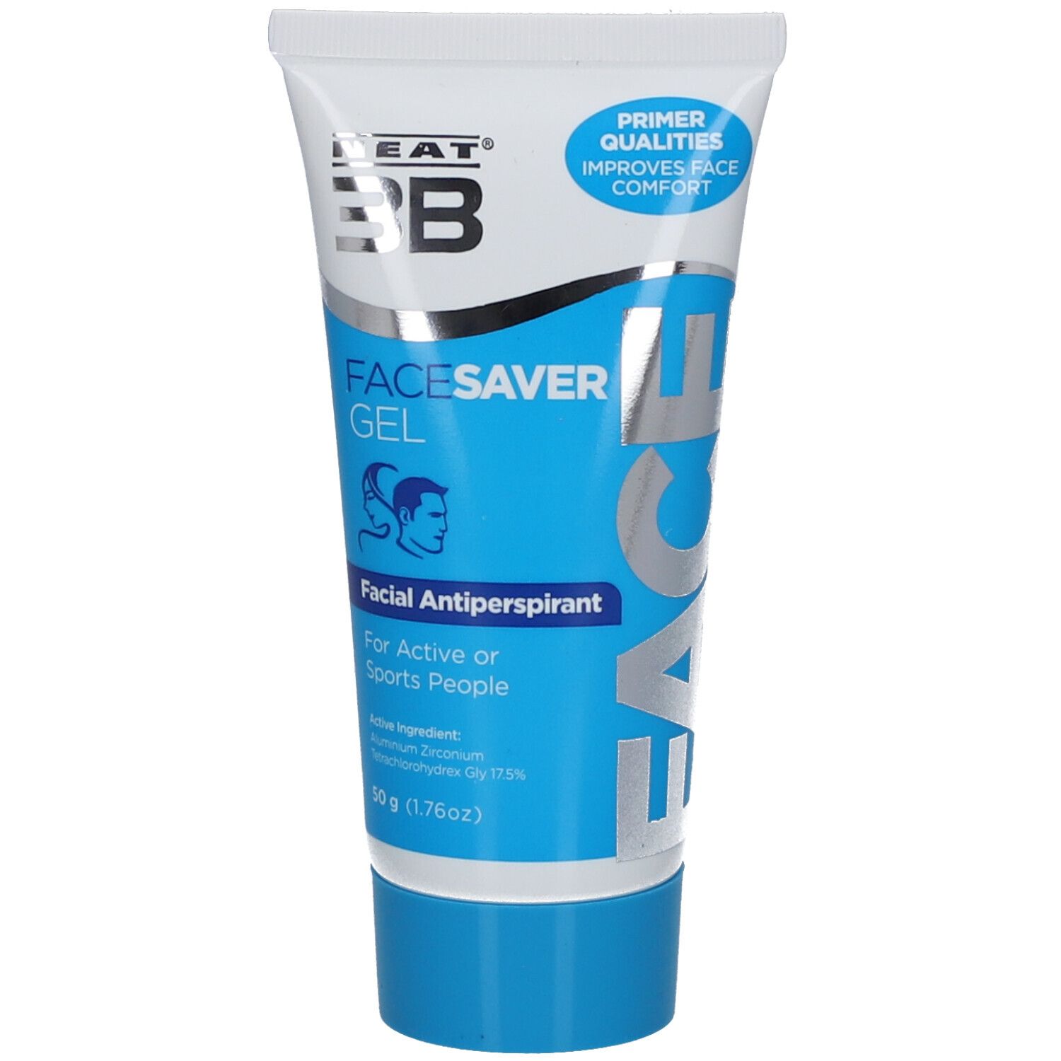 Tube mit blauem Deckel. Aufschrift: FACE SAVER GEL, Facial Antiperspirant. Enthält Aluminium Zirconium Tetrachlorohydrex Gly 17,5%.