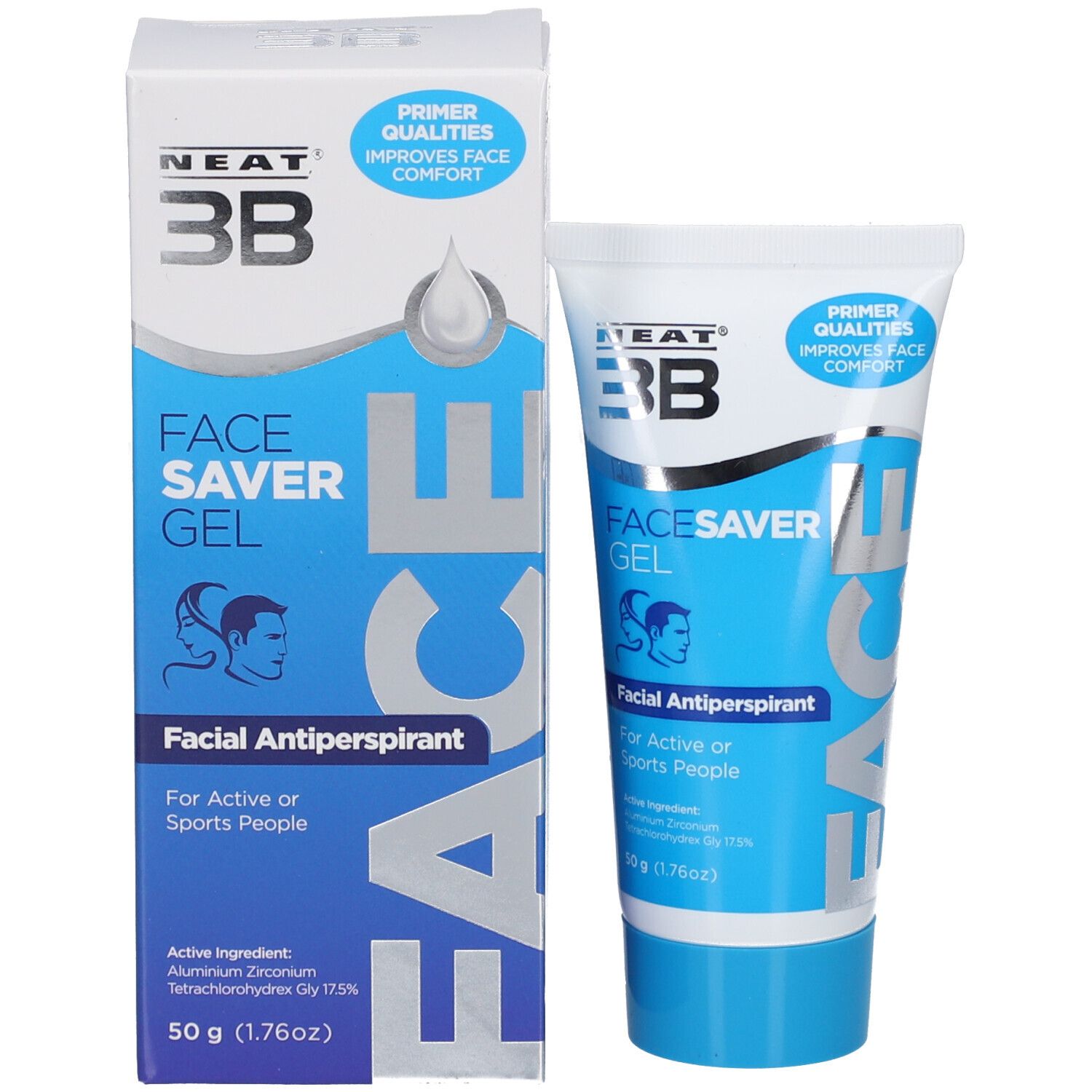 Produkt und Verpackung. Tube und Schachtel mit Aufschrift FACE SAVER GEL, Facial Antiperspirant. 50g (1.76oz).