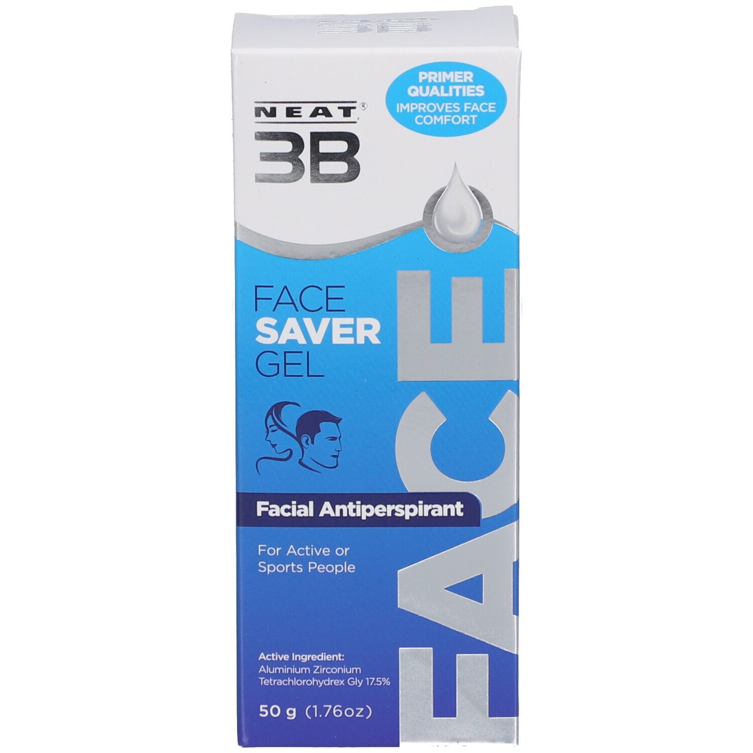 Schachtel mit Aufschrift FACE SAVER GEL, Facial Antiperspirant. Enthält Informationen zu Inhaltsstoffen und Anwendung.