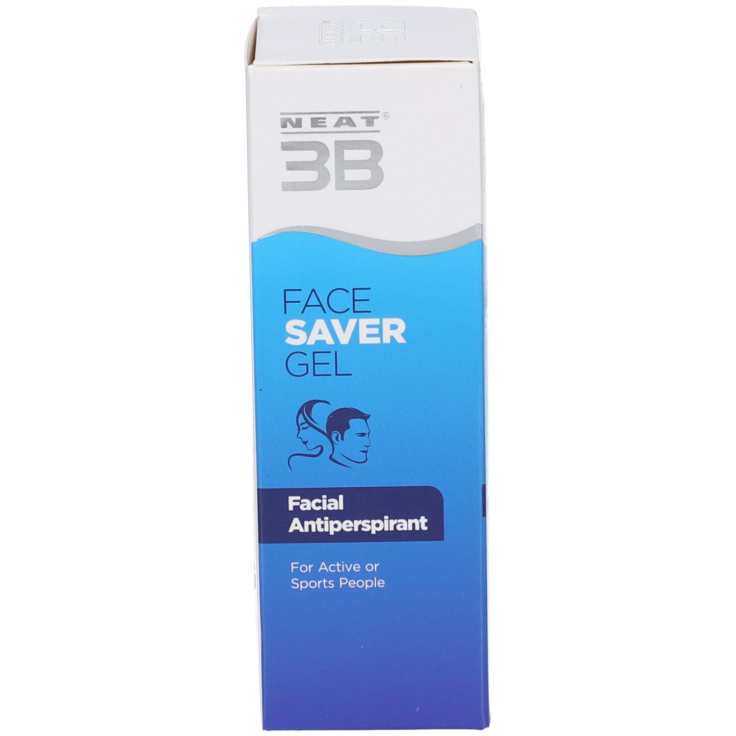 Schachtel mit Aufschrift FACE SAVER GEL, Facial Antiperspirant. Blaue und weiße Farbgebung. Enthält Produktinformationen.