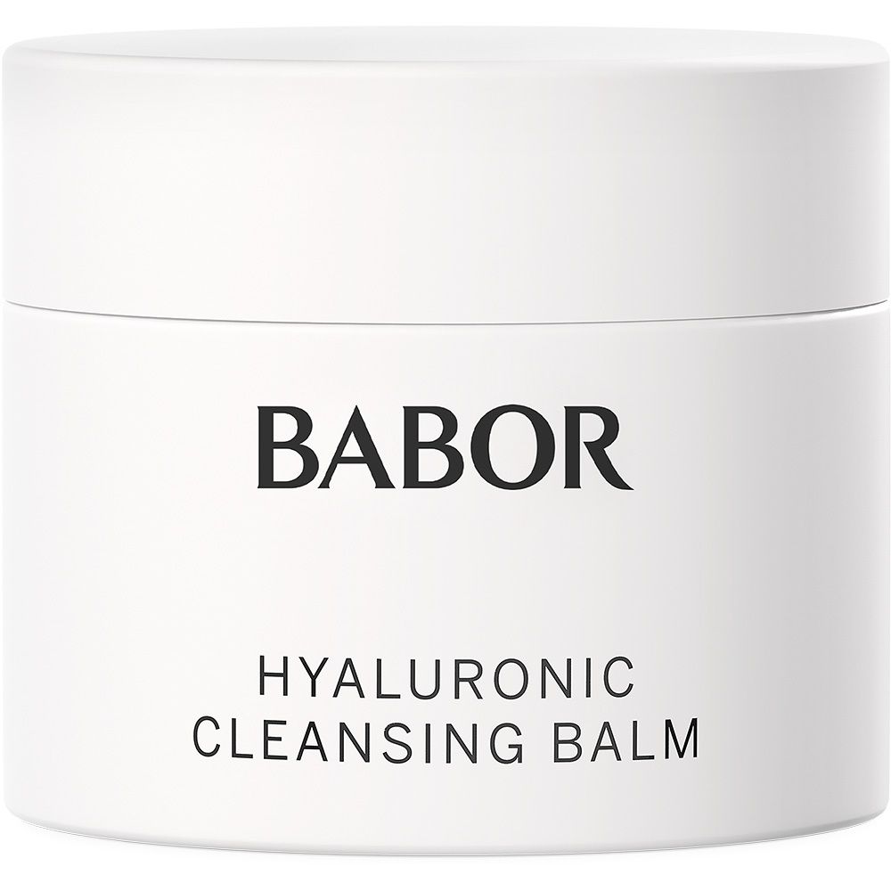 Pot blanc avec texte noir: BABOR, HYALURONIC CLEANSING BALM. Couvercle sur le pot.