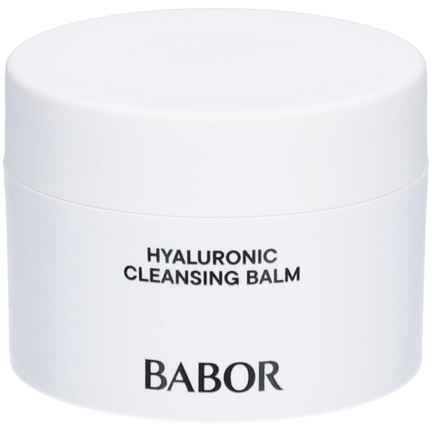Weißer Tiegel mit schwarzer Schrift: HYALURONIC CLEANSING BALM und BABOR. Deckel auf dem Tiegel.