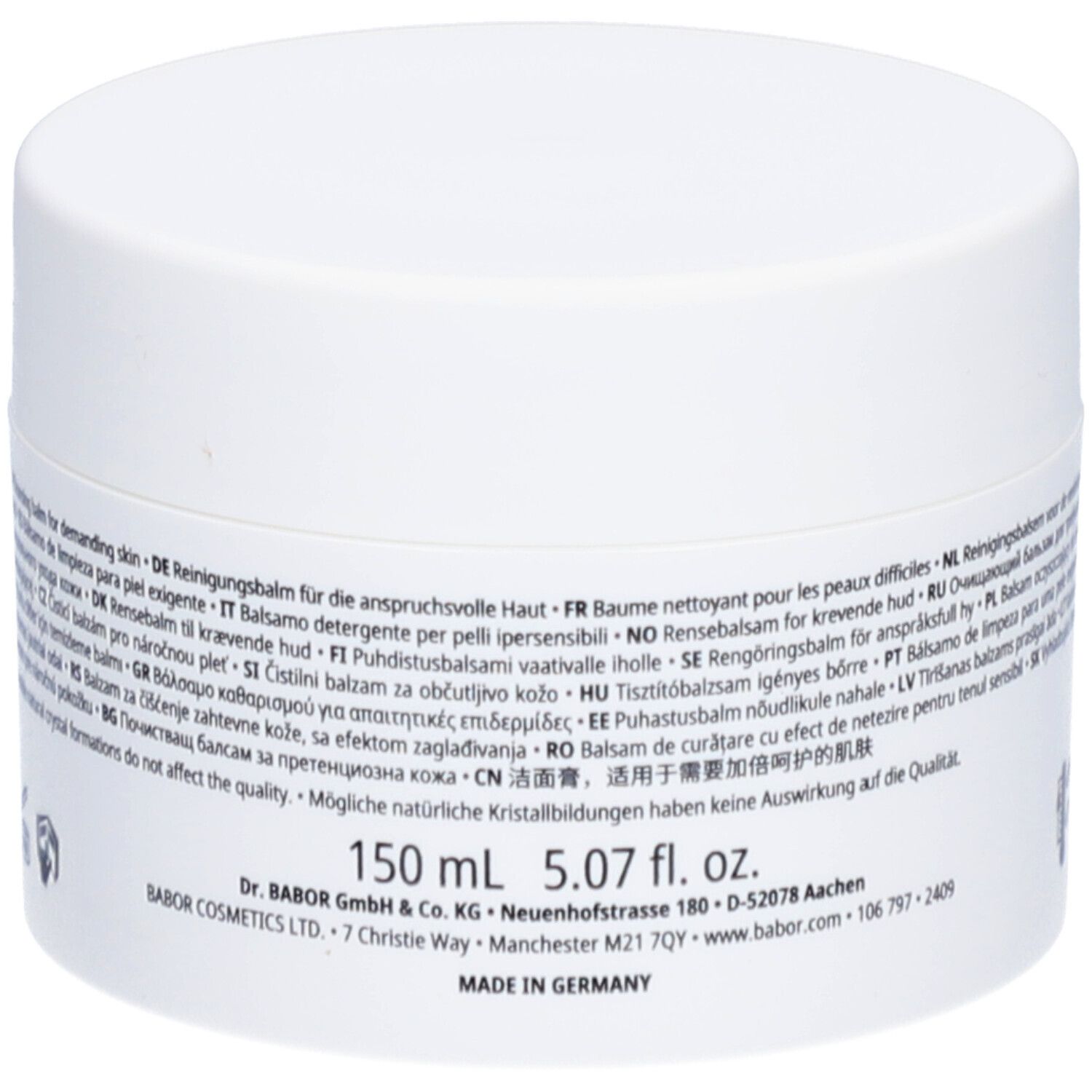 Weißer Tiegel mit Text in mehreren Sprachen. 150 ml, 5.07 fl. oz. BABOR-Logo. Hergestellt in Deutschland.