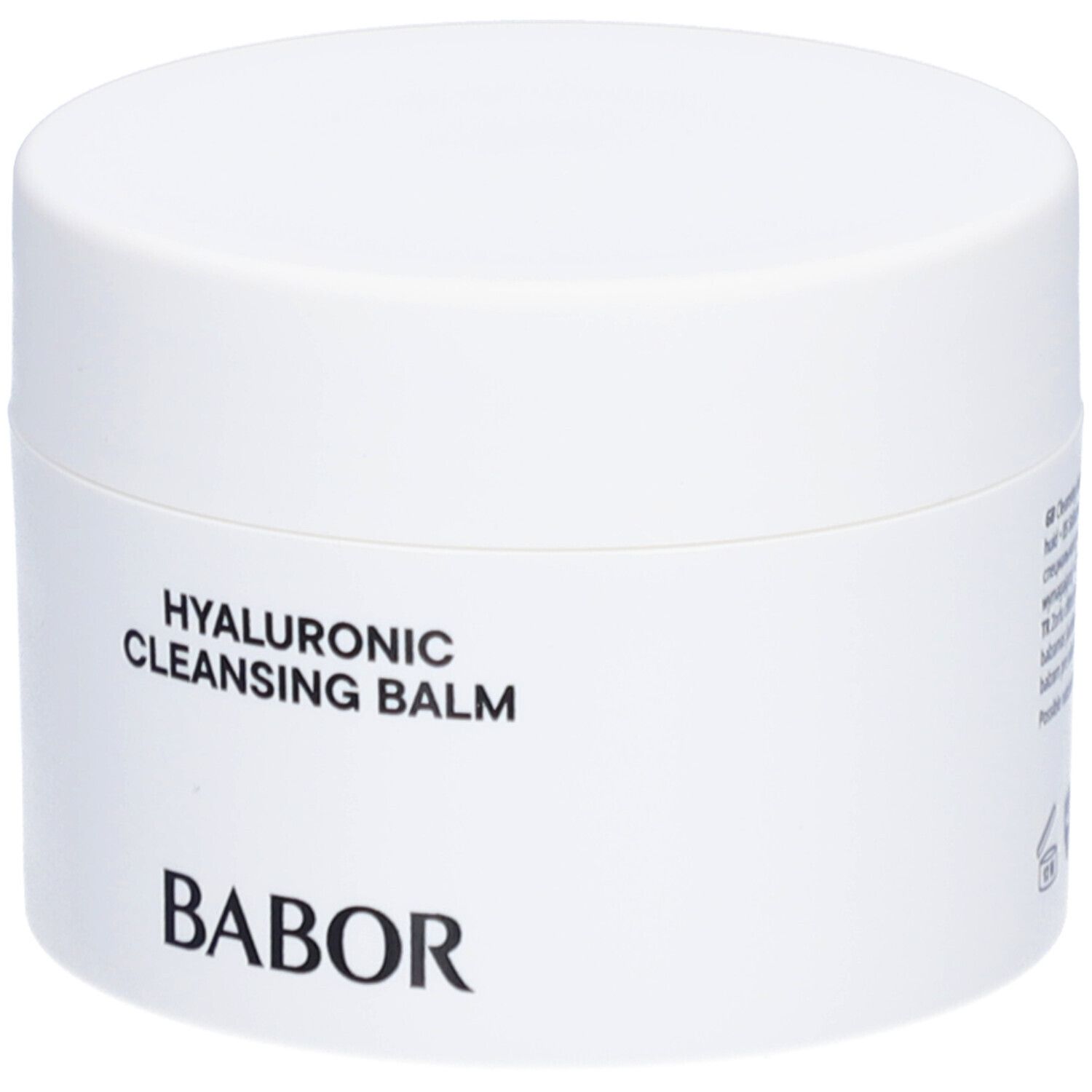 Weißer Tiegel mit schwarzer Schrift: HYALURONIC CLEANSING BALM und BABOR. Deckel auf dem Tiegel.