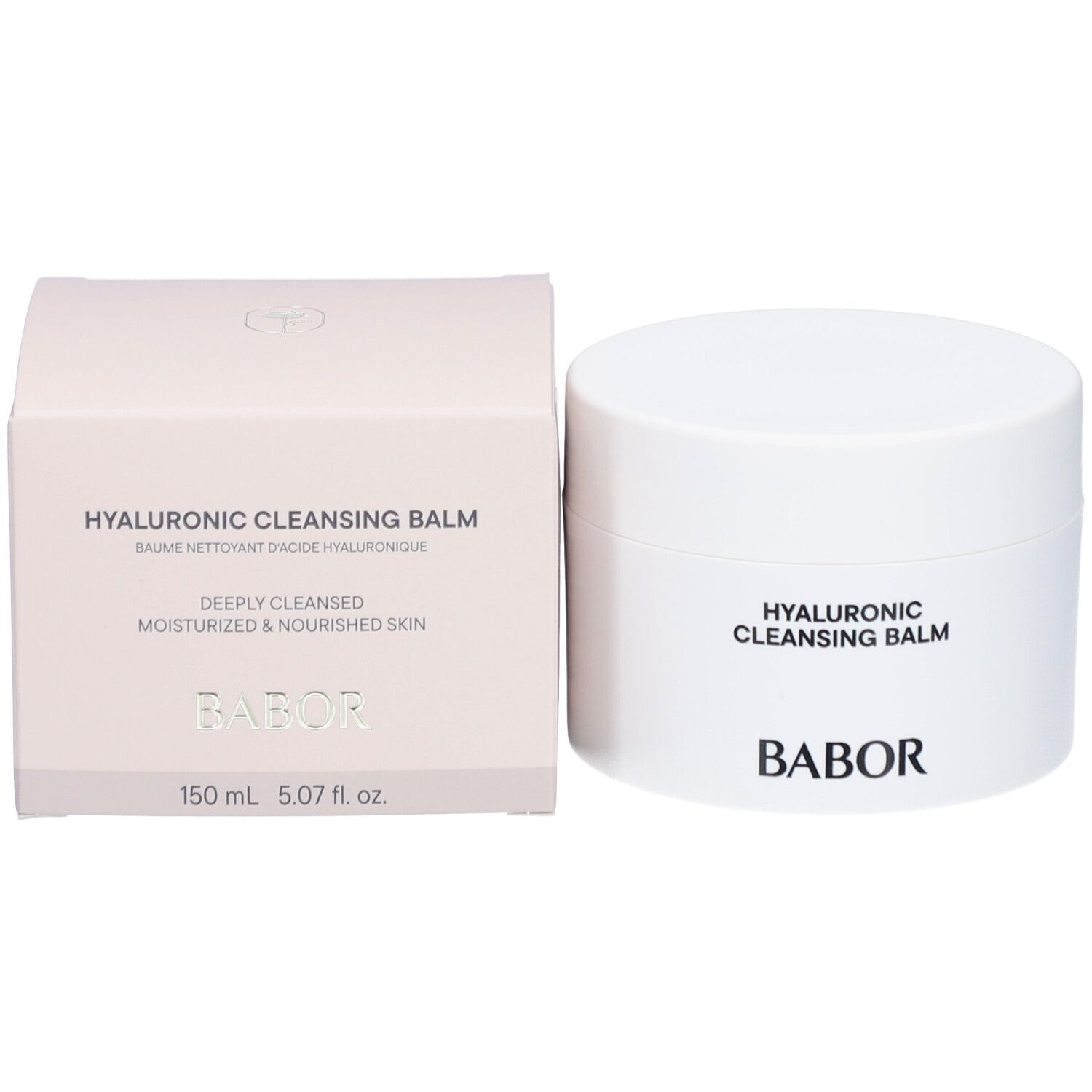 Weißer Tiegel und rosa Schachtel. Auf dem Tiegel: HYALURONIC CLEANSING BALM und BABOR. Auf der Schachtel Text.