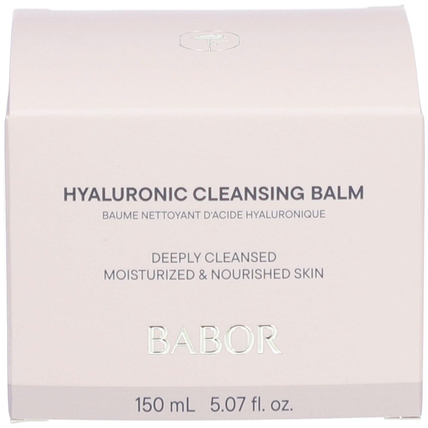 Rosa Schachtel mit Text: HYALURONIC CLEANSING BALM, BABOR. 150 ml, 5.07 fl. oz. Tiefenreinigung, Feuchtigkeit.