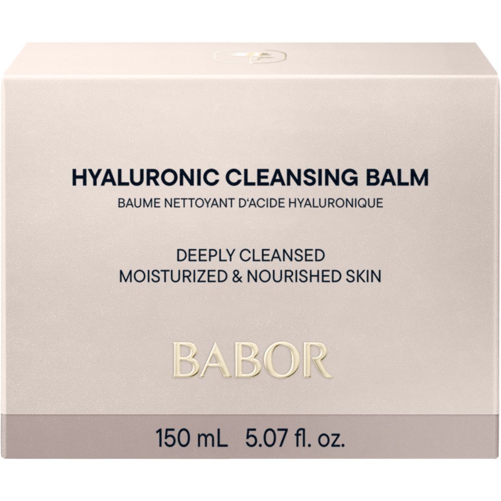 Boîte rose avec texte: HYALURONIC CLEANSING BALM, BABOR. 150 ml, 5.07 fl. oz. Nettoyage en profondeur, hydratation.