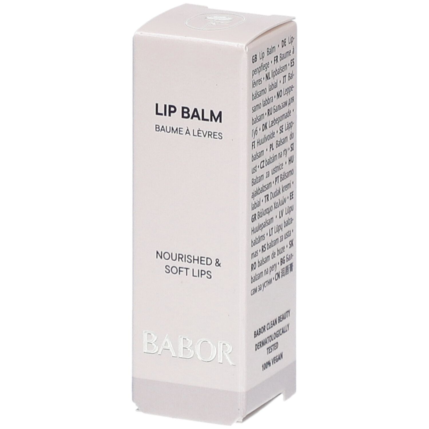 Kartonverpackung für Lippenbalsam. Text: LIP BALM, BAUME À LÈVRES, NOURISHED & SOFT LIPS, BABOR. Aufdruck: CLEAN BEAUTY, DERMATOLOGISCH GETESTET, 100% VEGAN.