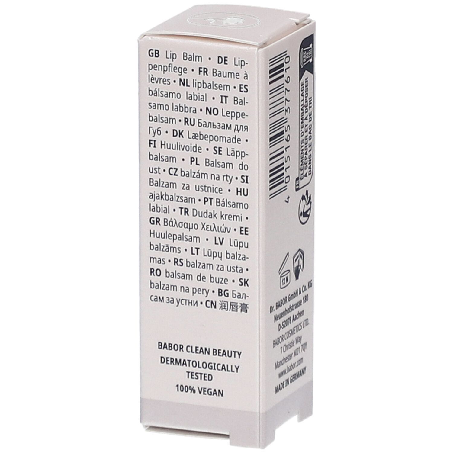 Seite der Kartonverpackung für Lippenbalsam. Enthält Text in verschiedenen Sprachen: GB Lip Balm, DE Lippenpflege, FR Baume à lèvres, NL lipbalsem, etc.