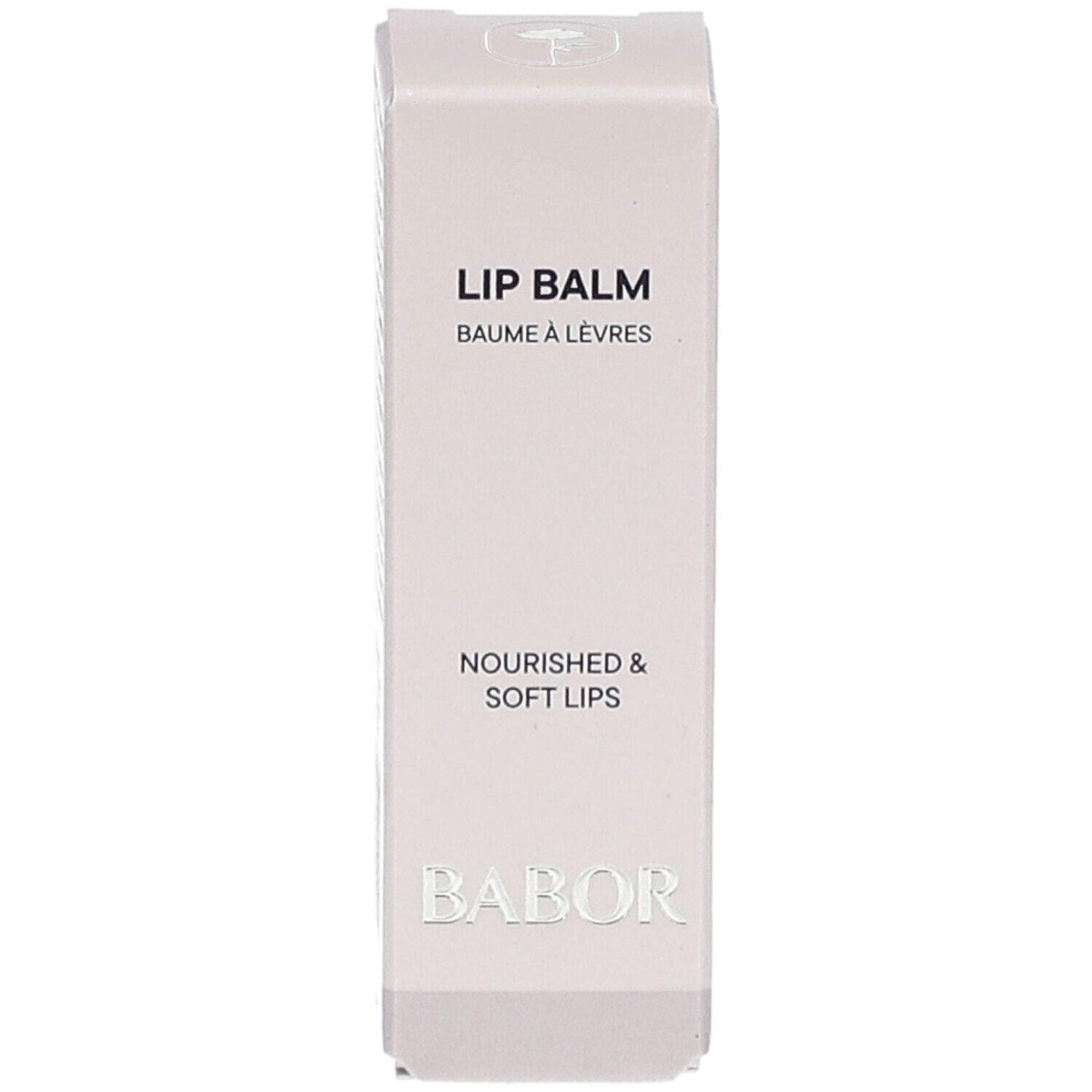 Kartonverpackung für Lippenbalsam. Text: LIP BALM, BAUME À LÈVRES, NOURISHED & SOFT LIPS, BABOR. Aufdruck: CLEAN BEAUTY, DERMATOLOGISCH GETESTET, 100% VEGAN.