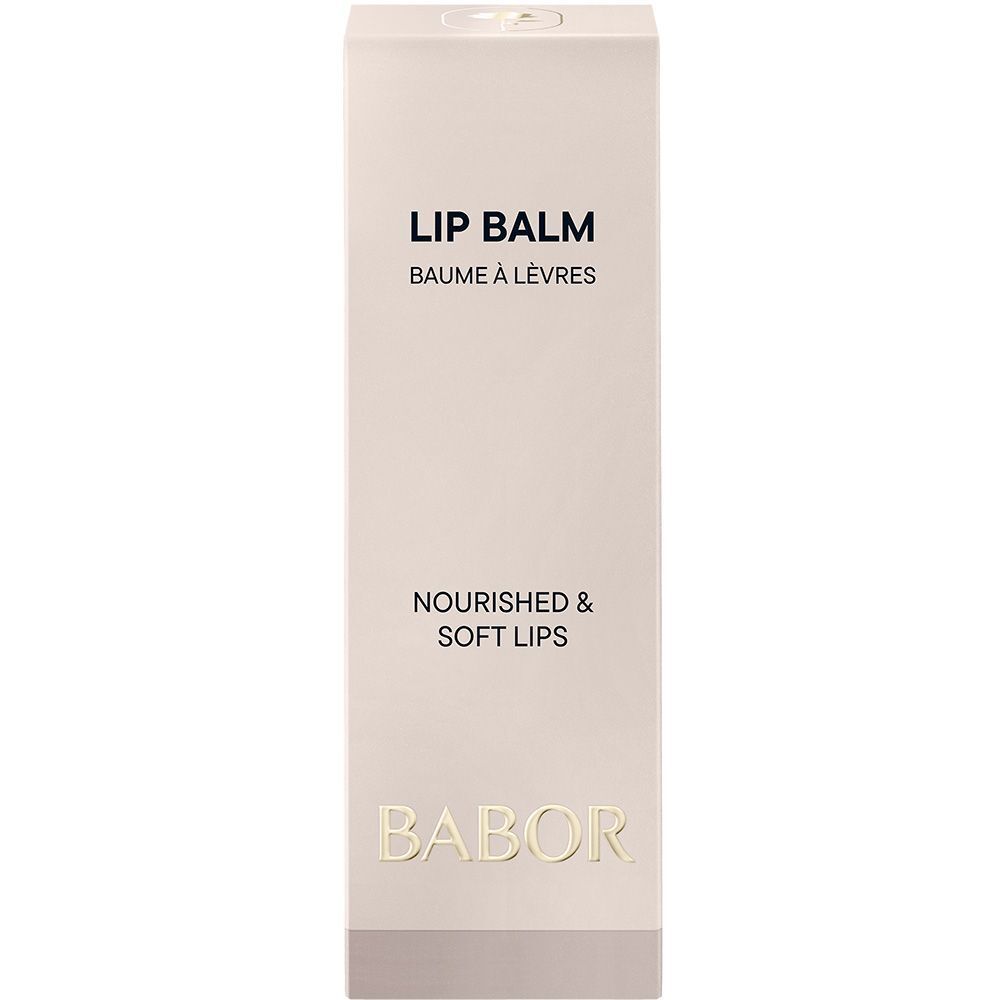 Emballage en carton pour baume à lèvres. Texte: LIP BALM, BAUME À LÈVRES, NOURISHED & SOFT LIPS, BABOR.