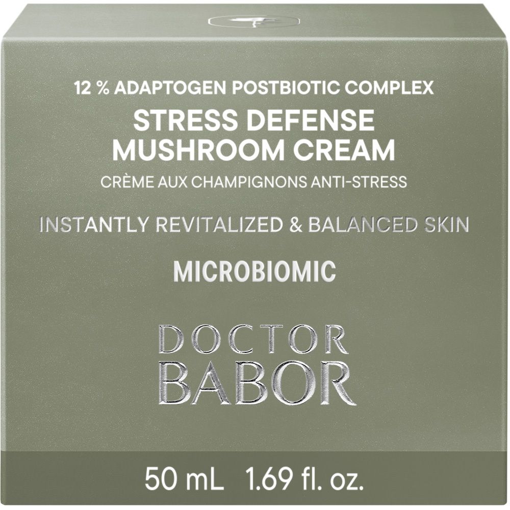 Boîte grise. Inscription : 12% Adaptogen Postbiotic Complex, Stress Defense Mushroom Cream, Crème aux Champignons Anti-Stress, DOCTOR BABOR.
