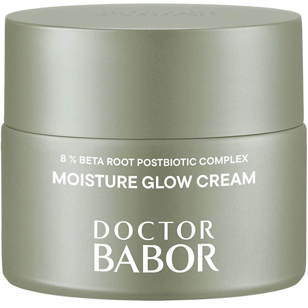 Creme-Dose mit Deckel. Auf der Dose steht MOISTURE GLOW CREAM und DOCTOR BABOR.