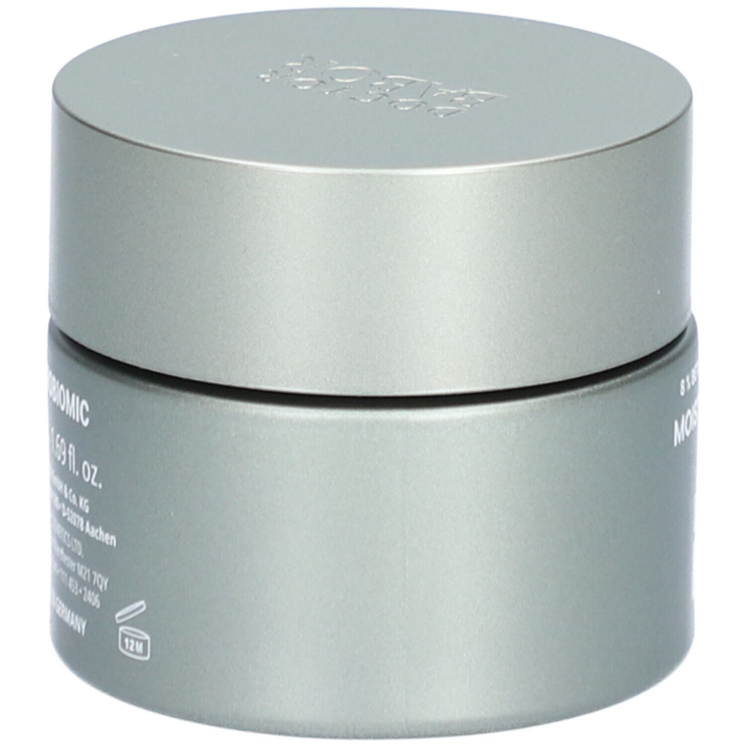 Graue Creme-Dose mit Deckel. Aufschrift BABOR. 12M-Symbol. 
