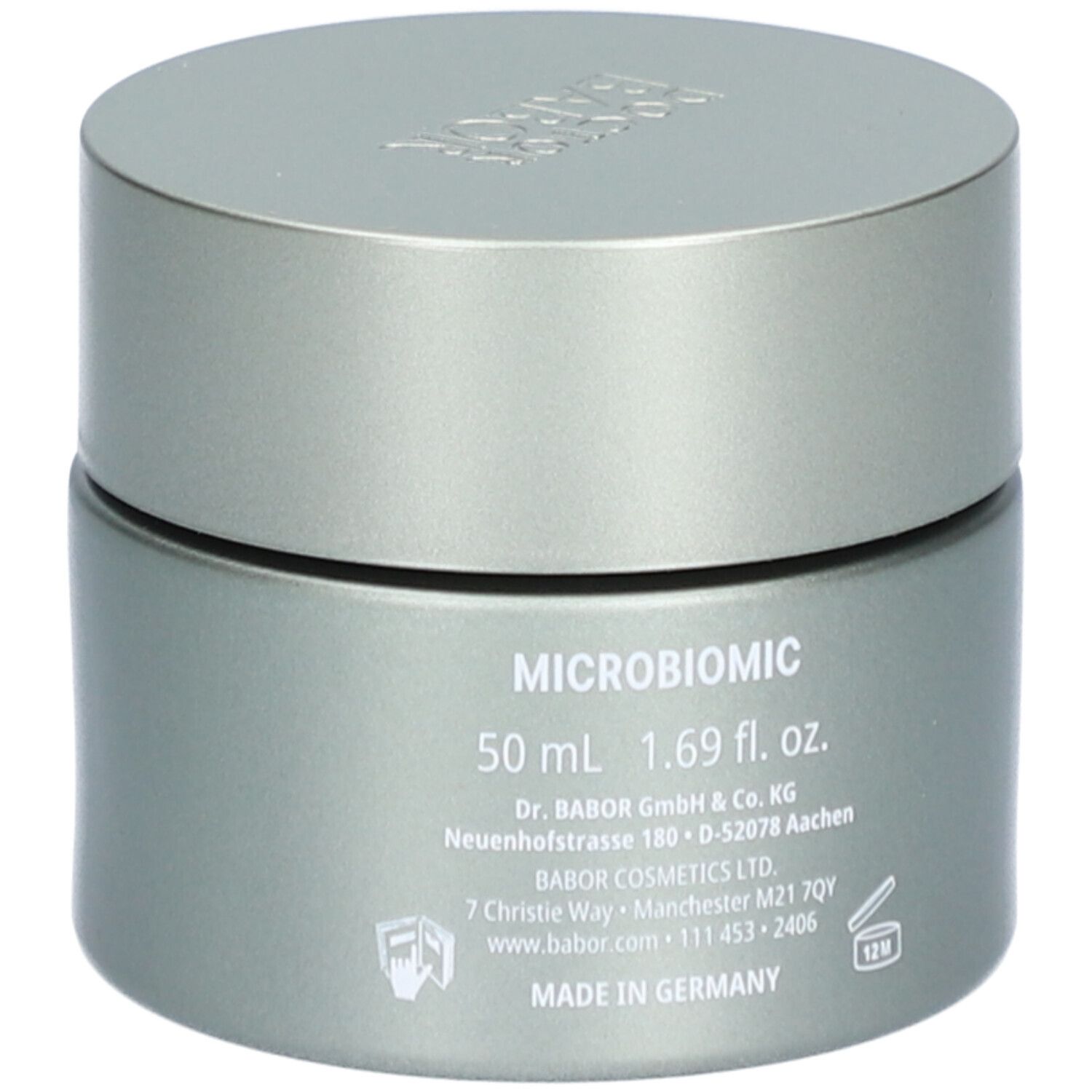 Graue Creme-Dose mit Deckel. Aufschrift MICROBIOMIC, 50 ml, 1.69 fl. oz. BABOR-Logo. 12M-Symbol.