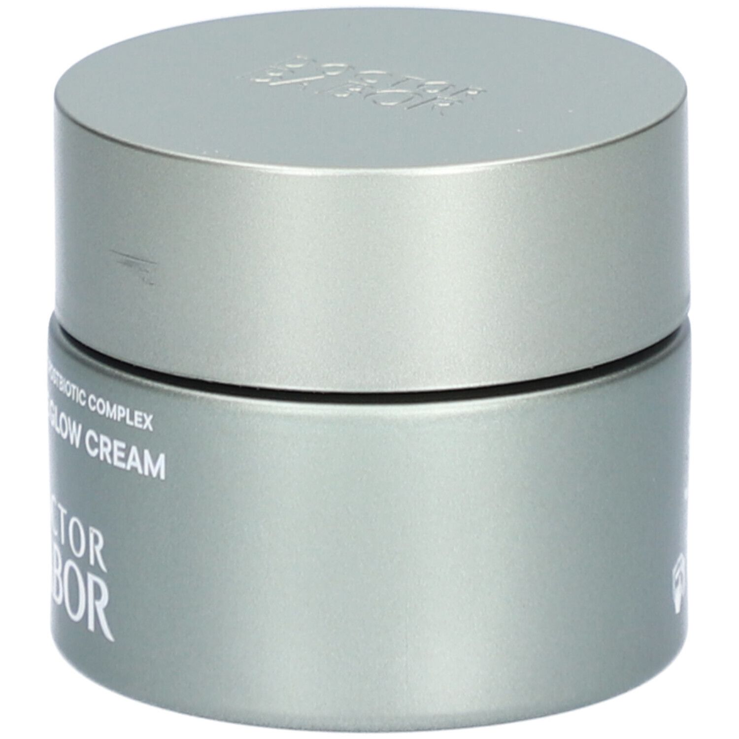 Graue Creme-Dose mit Deckel. Aufschrift DOCTOR BABOR, MOISTURE GLOW CREAM.