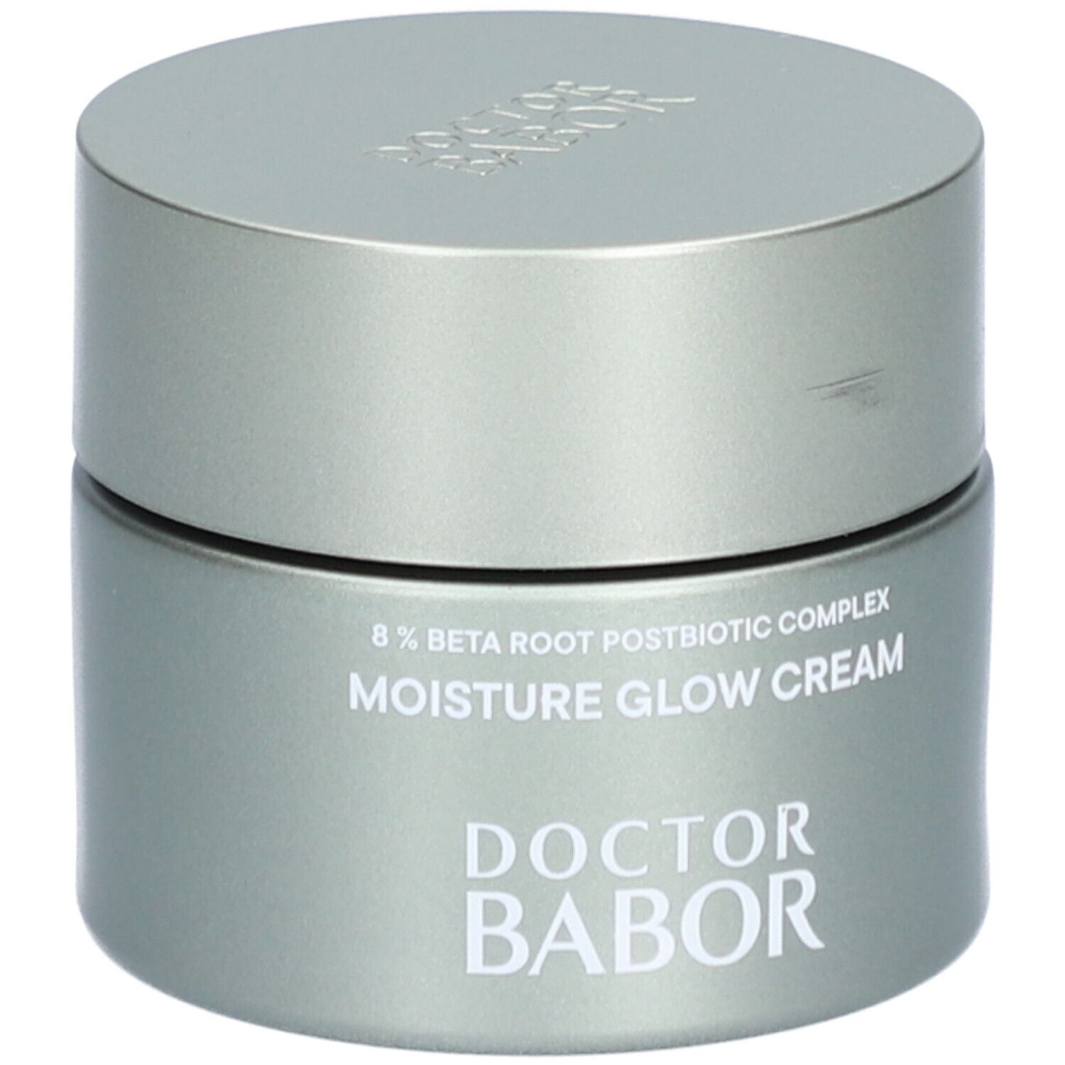 Graue Creme-Dose mit Deckel. Aufschrift DOCTOR BABOR, MOISTURE GLOW CREAM, 8% Beta Root Postbiotic Complex.