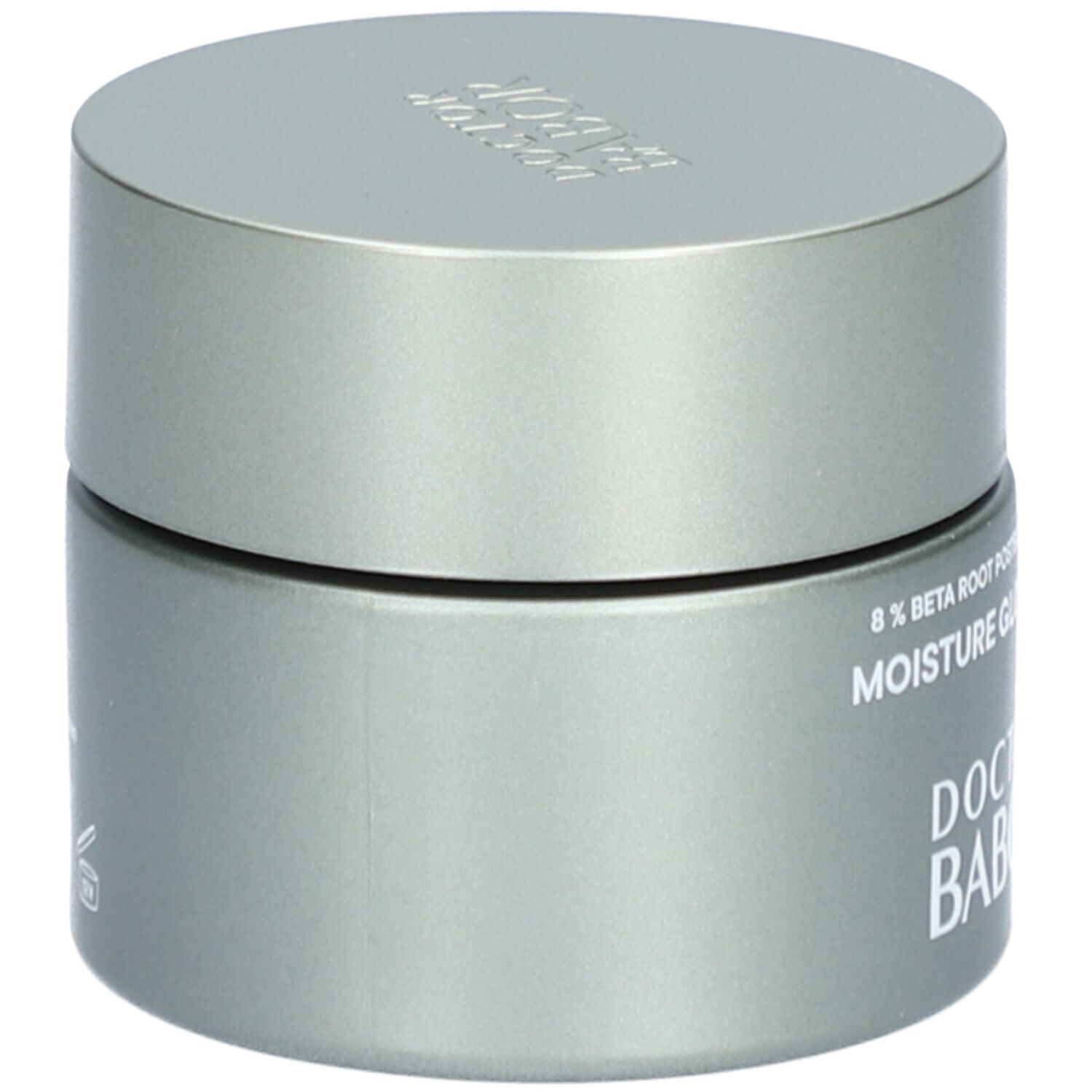 Graue Creme-Dose mit Deckel. Aufschrift DOCTOR BABOR, MOISTURE GLOW CREAM, 8% Beta Root Postbiotic Complex.