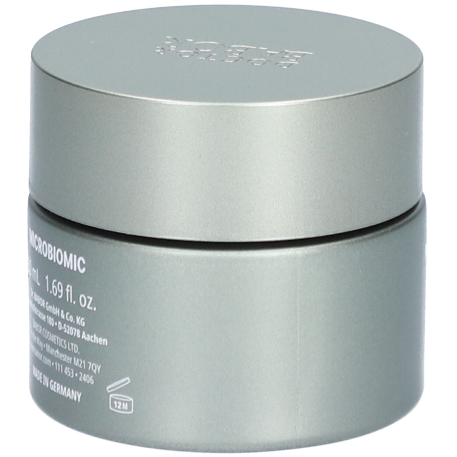 Graue Creme-Dose mit Deckel. Aufschrift MICROBIOMIC, 50 ml, 1.69 fl. oz. BABOR-Logo. 12M-Symbol.
