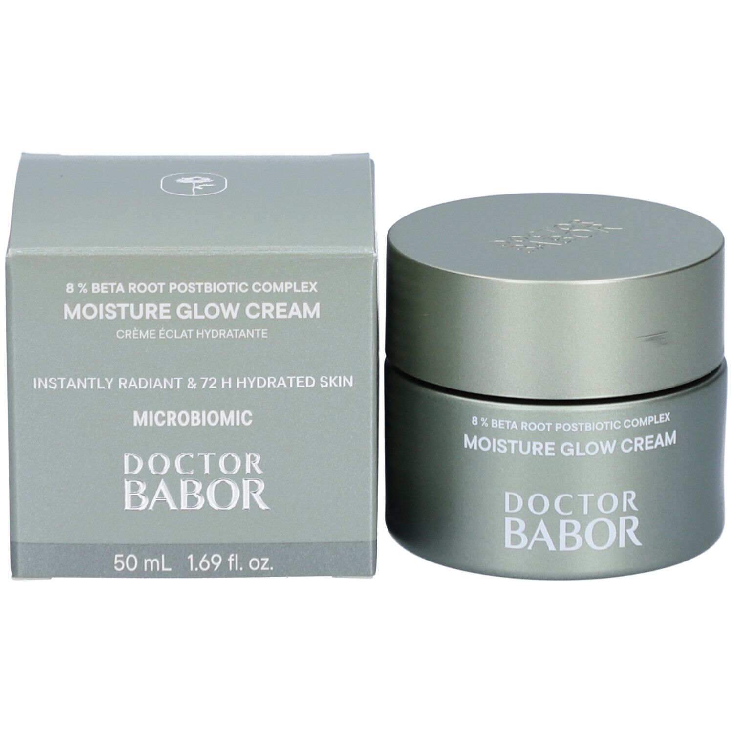 Creme-Dose und Schachtel. Aufschrift DOCTOR BABOR, MOISTURE GLOW CREAM, 50 ml, 1.69 fl. oz.