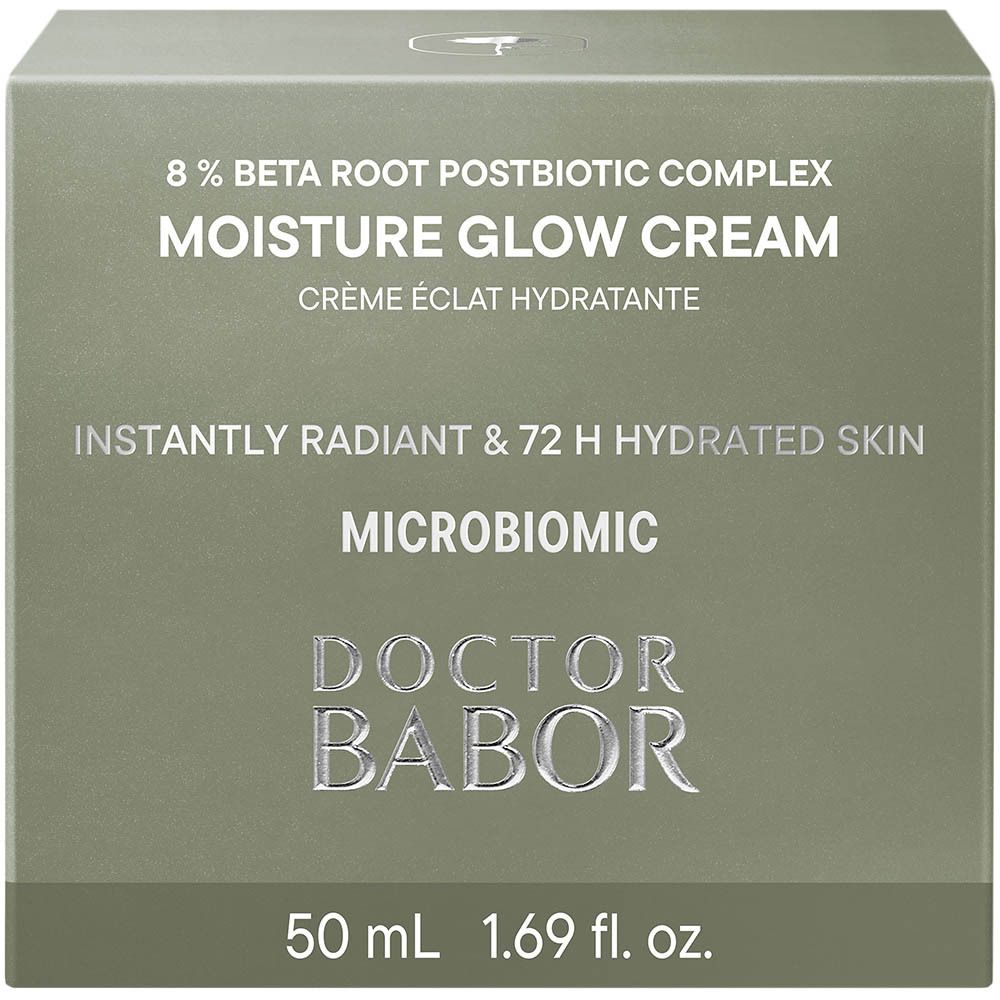 Schachtel mit Creme. Auf der Schachtel steht MOISTURE GLOW CREAM und DOCTOR BABOR. 50 ml, 1.69 fl. oz.