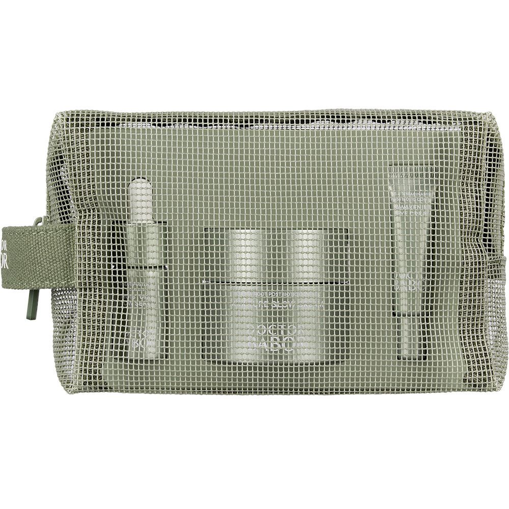 Trousse de toilette verte avec sérum, crème et crème yeux. Produits visibles. Marque : DOCTOR BABOR.