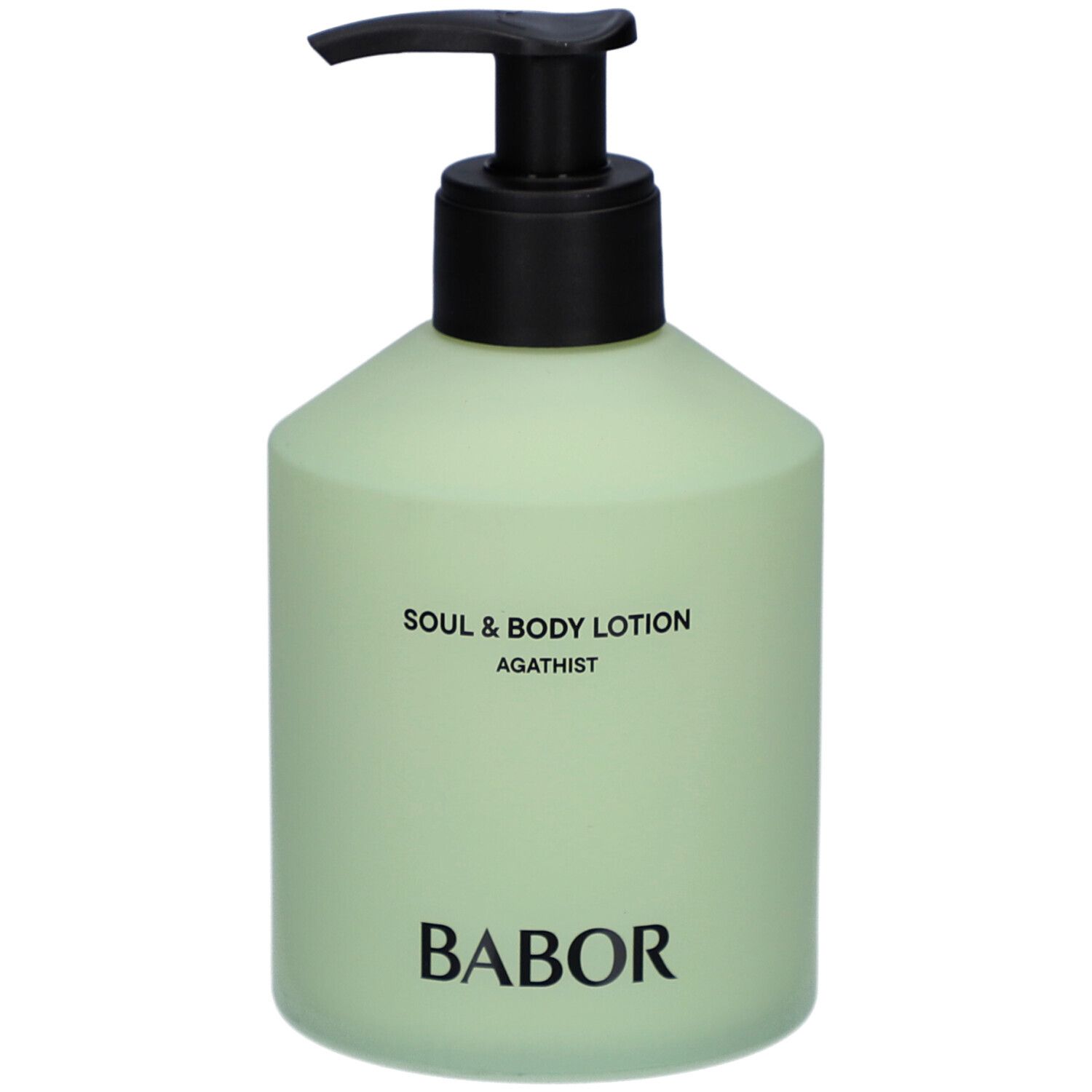 Grüne Flasche mit schwarzem Pumpkopf. Aufschrift: Soul & Body Lotion Agathist. Marke: Babor.