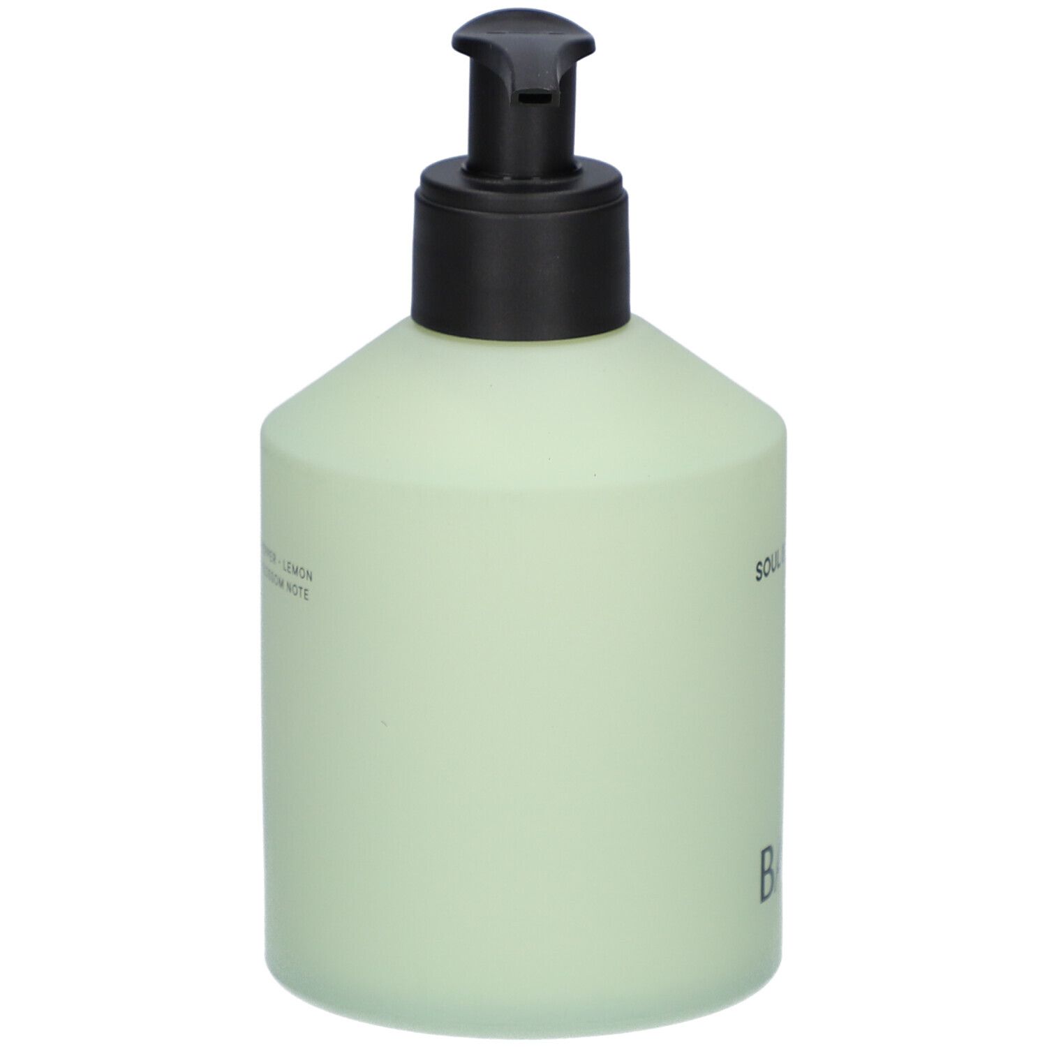Grüne Flasche mit schwarzem Pumpkopf. Aufschrift: Soul & Body Lotion. Marke: Babor.