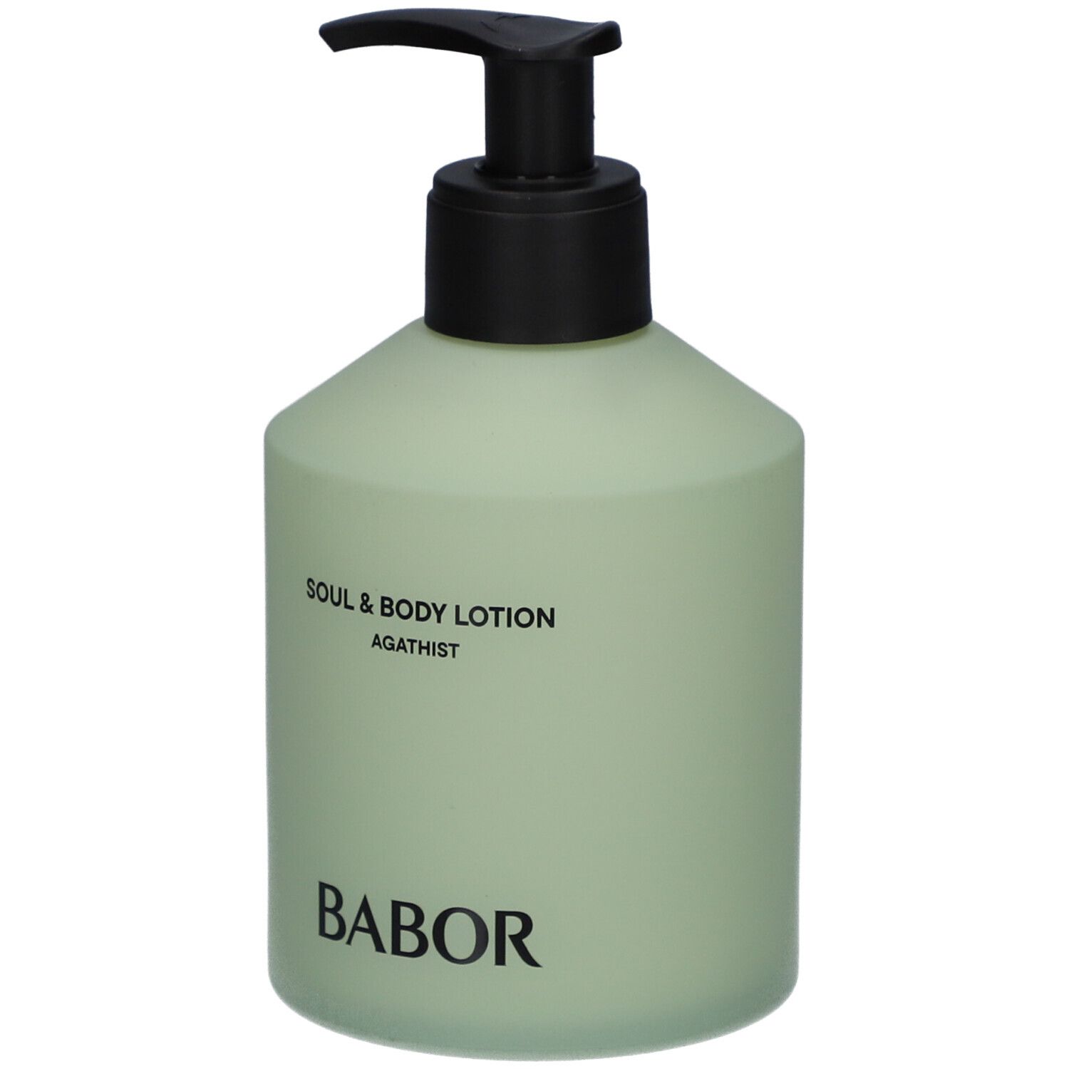 Grüne Flasche mit schwarzem Pumpkopf. Aufschrift: Soul & Body Lotion Agathist. Marke: Babor.