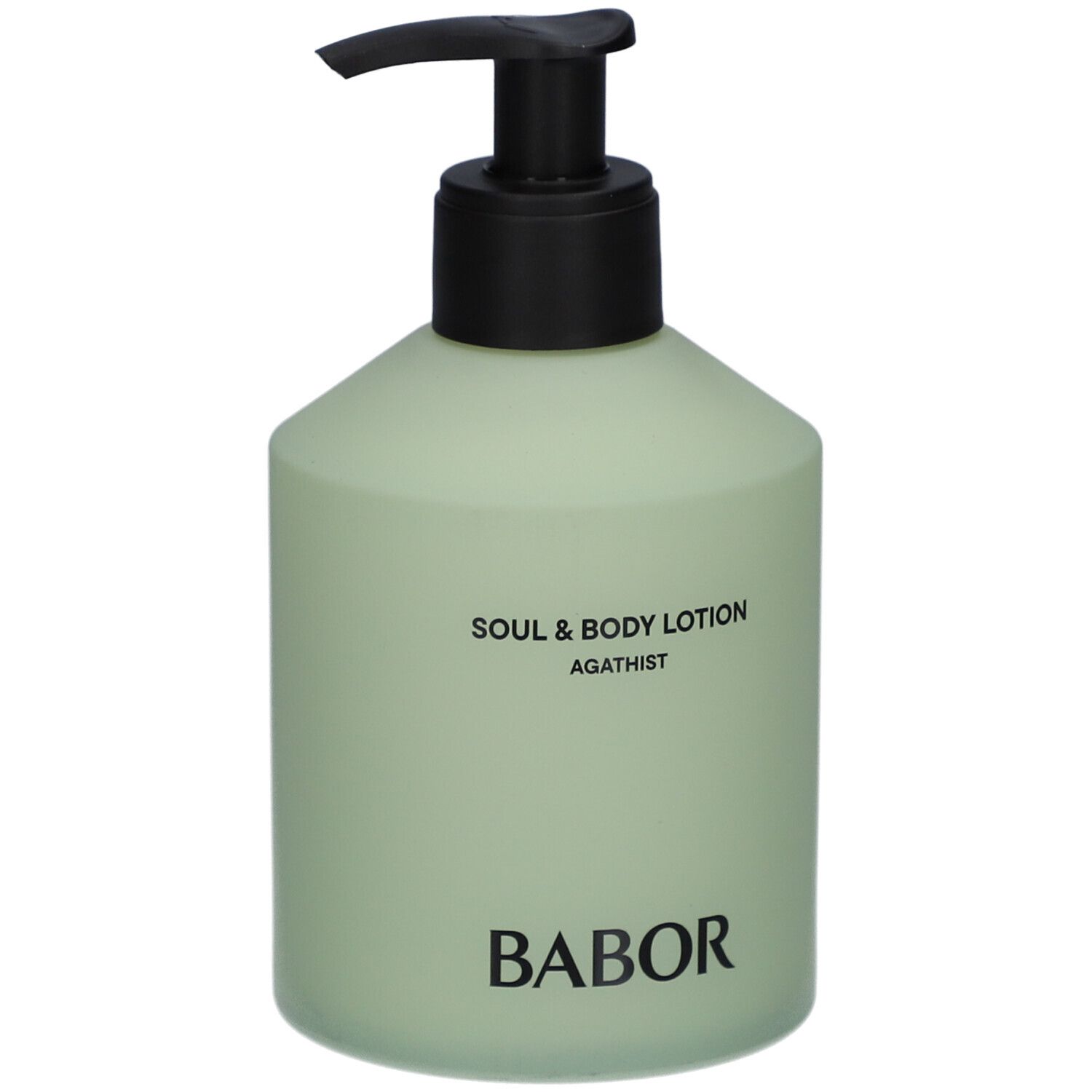 Grüne Flasche mit schwarzem Pumpkopf. Aufschrift: Soul & Body Lotion Agathist. Marke: Babor.