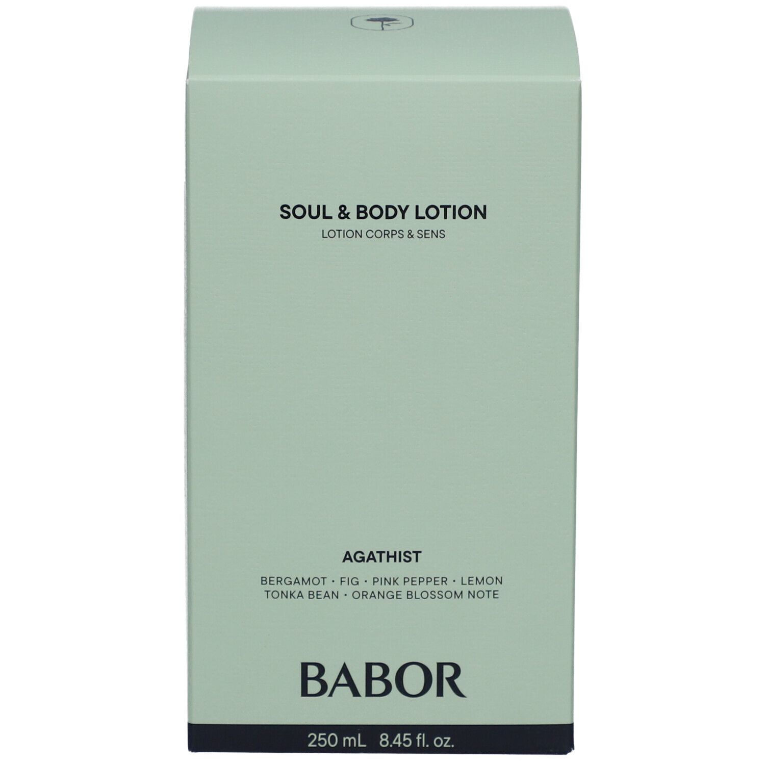 Grüne Schachtel. Aufschrift: Soul & Body Lotion. Marke: Babor.