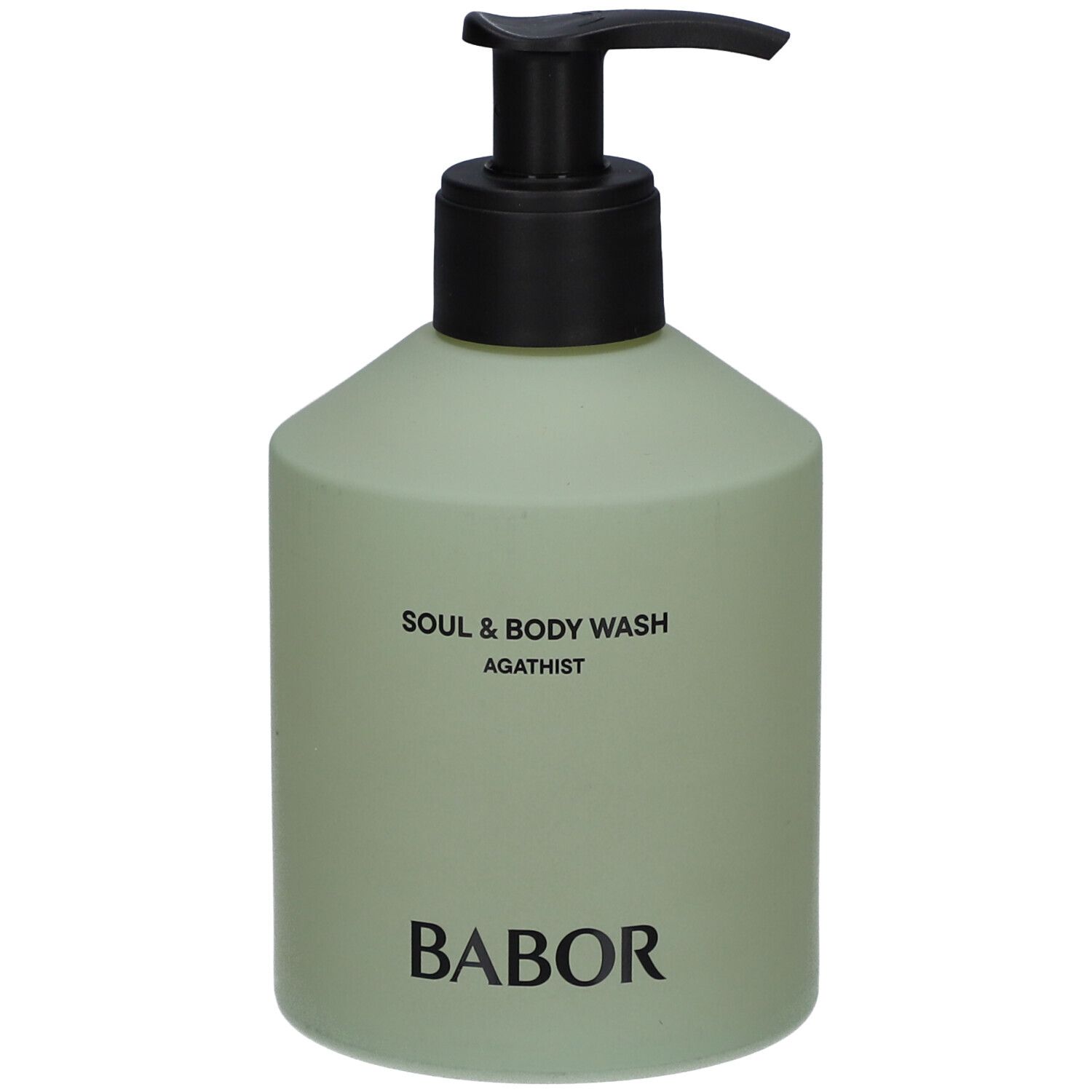 Hellgrüne Flasche mit schwarzem Pumpkopf. Aufschrift: Soul & Body Wash Agathist, Babor.