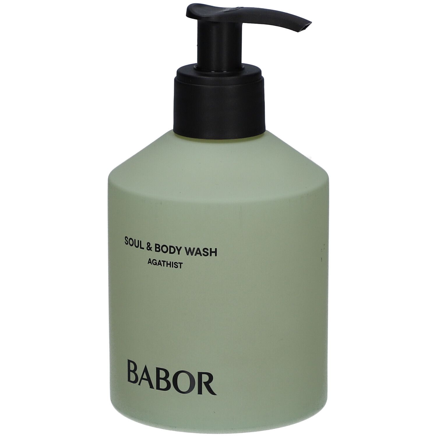 Hellgrüne Flasche mit schwarzem Pumpkopf. Aufschrift: Soul & Body Wash Agathist, Babor.