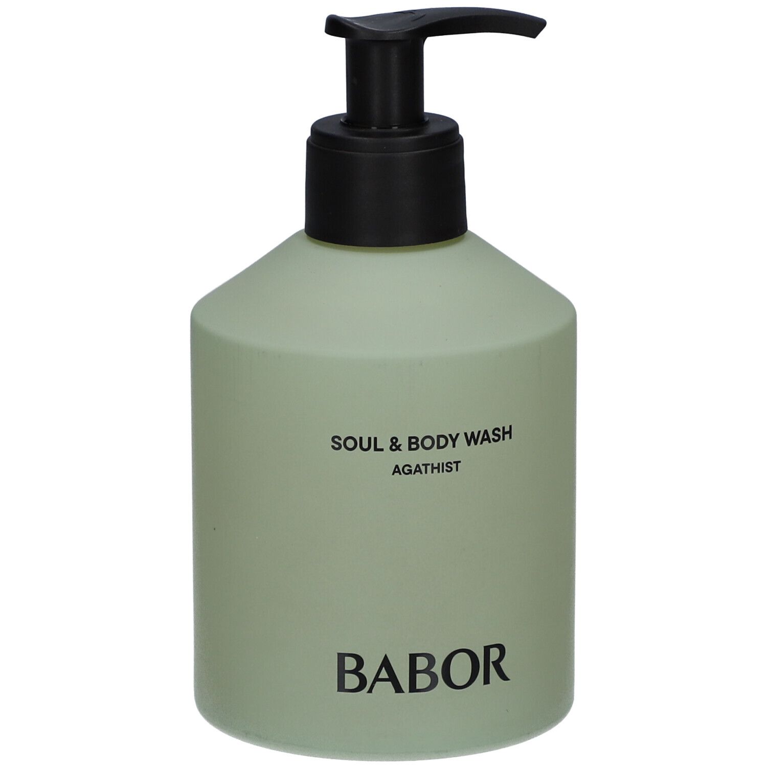 Hellgrüne Flasche mit schwarzem Pumpkopf. Aufschrift: Soul & Body Wash Agathist, Babor.