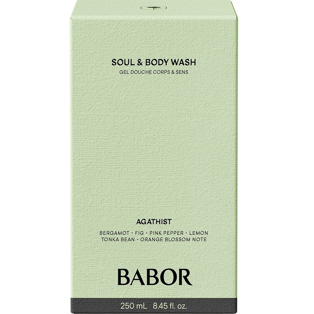 Boîte vert clair. Inscription : Soul & Body Wash Agathist, Babor.