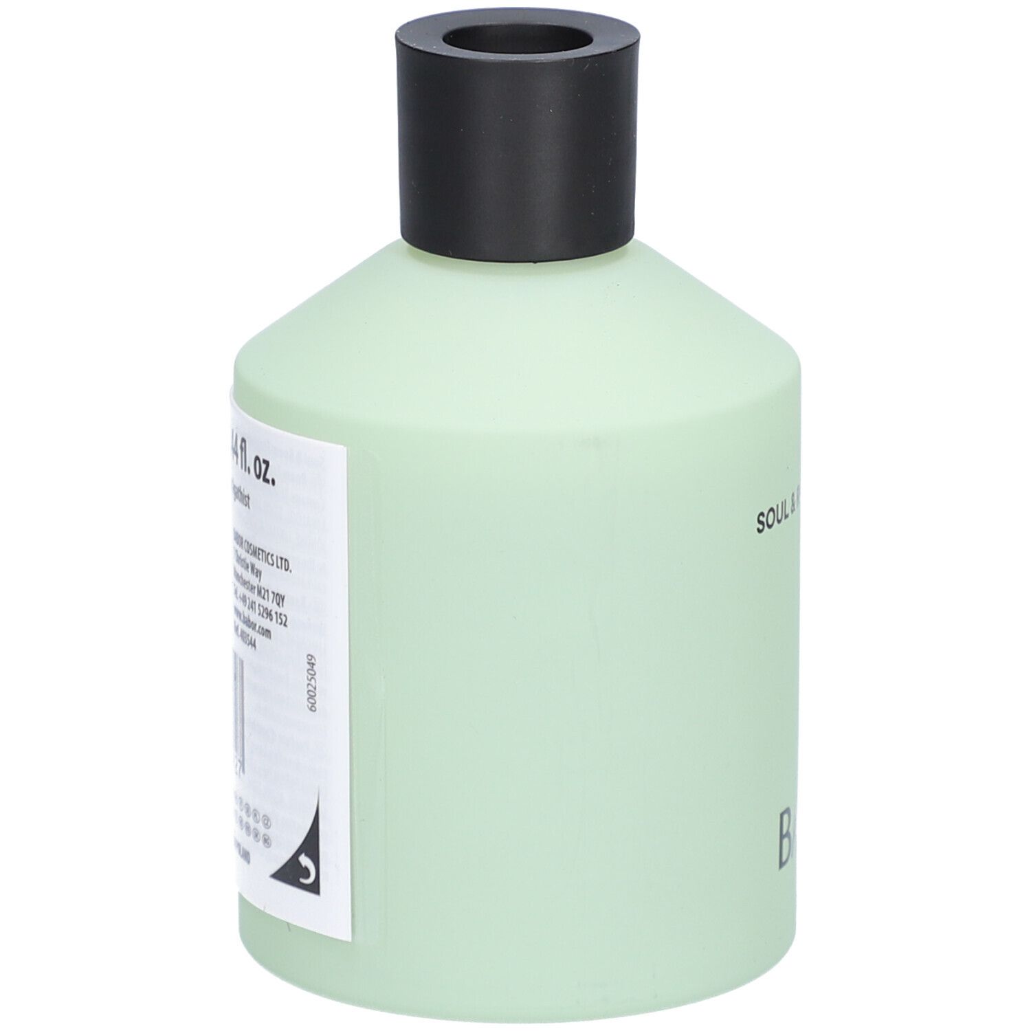 Hellgrüne Flasche mit schwarzem Deckel. Aufkleber mit Produktinformationen.