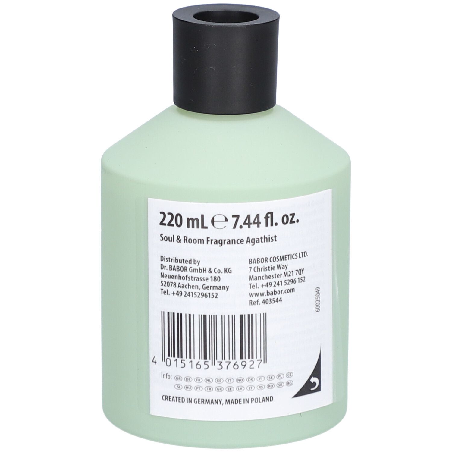 Hellgrüne Flasche mit schwarzem Deckel. Etikett mit Produktinformationen und Barcode.